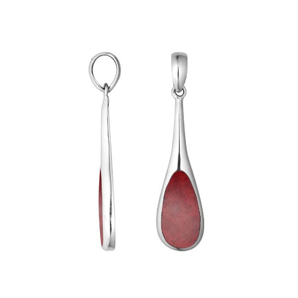 Sterling silver teardrop pendant with vibrant Red Coral inlay – handcrafted Bali jewelry, a bold and meaningful gift
