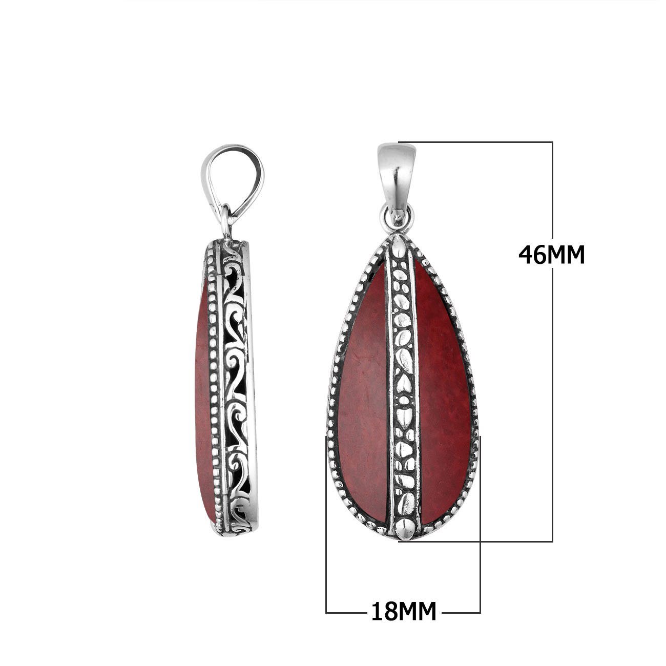 Sterling silver teardrop pendant with vibrant red coral – handcrafted Bali jewelry, a bold and meaningful gift