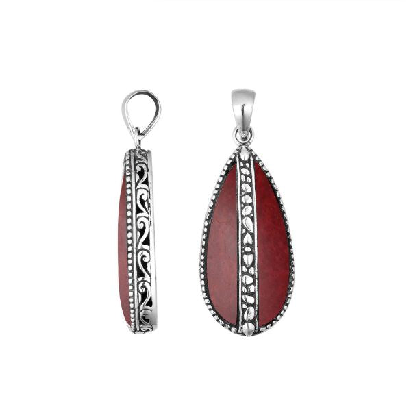 Sterling silver teardrop pendant with vibrant red coral – handcrafted Bali jewelry, a bold and meaningful gift