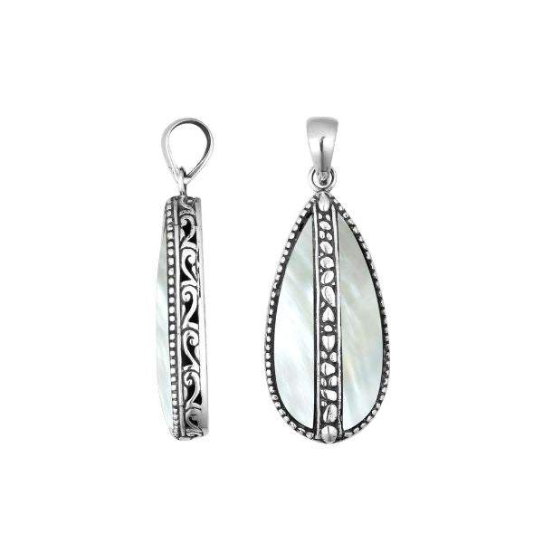 Sterling silver teardrop pendant with luminous Mother of Pearl – handcrafted Bali jewelry, an elegant and timeless gift
