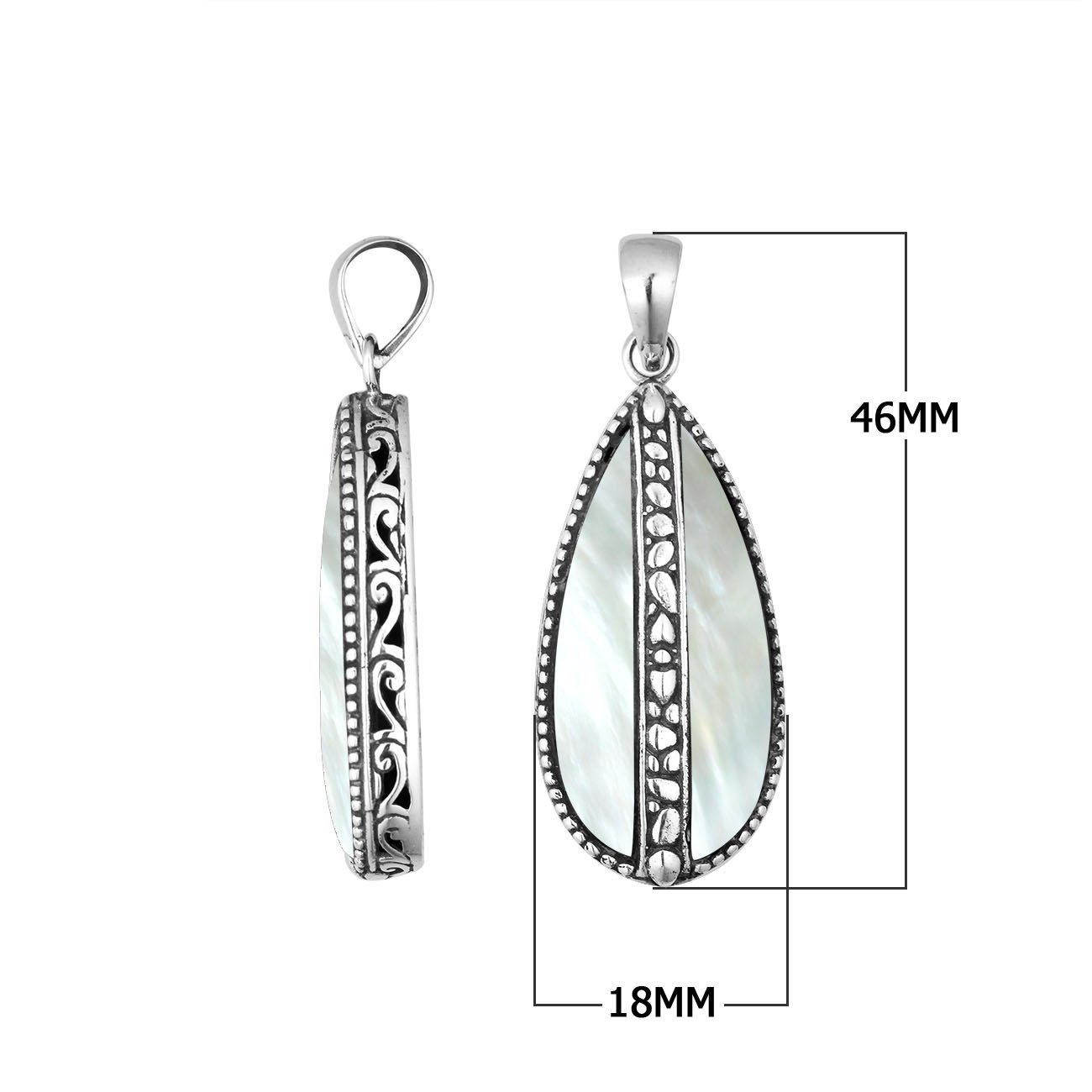 Sterling silver teardrop pendant with luminous Mother of Pearl – handcrafted Bali jewelry, an elegant and timeless gift