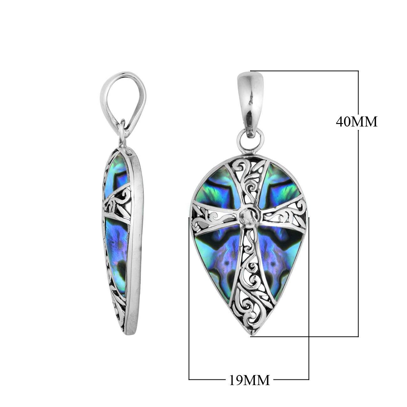 Sterling silver teardrop cross pendant with shimmering Abalone Shell – handcrafted Bali jewelry, a meaningful gift
