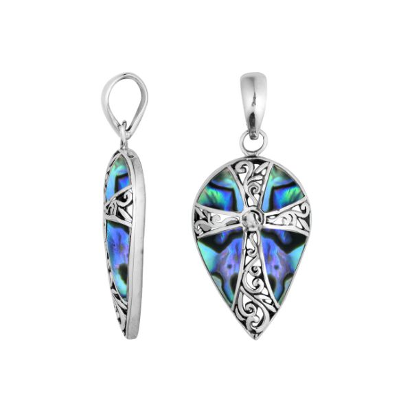 Sterling silver teardrop cross pendant with shimmering Abalone Shell – handcrafted Bali jewelry, a meaningful gift