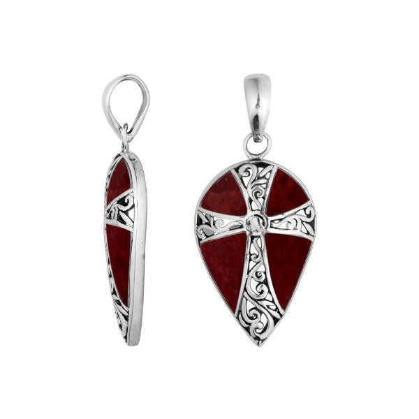 Sterling silver teardrop cross pendant with vibrant red coral inlay – handcrafted Bali jewelry, a meaningful gift