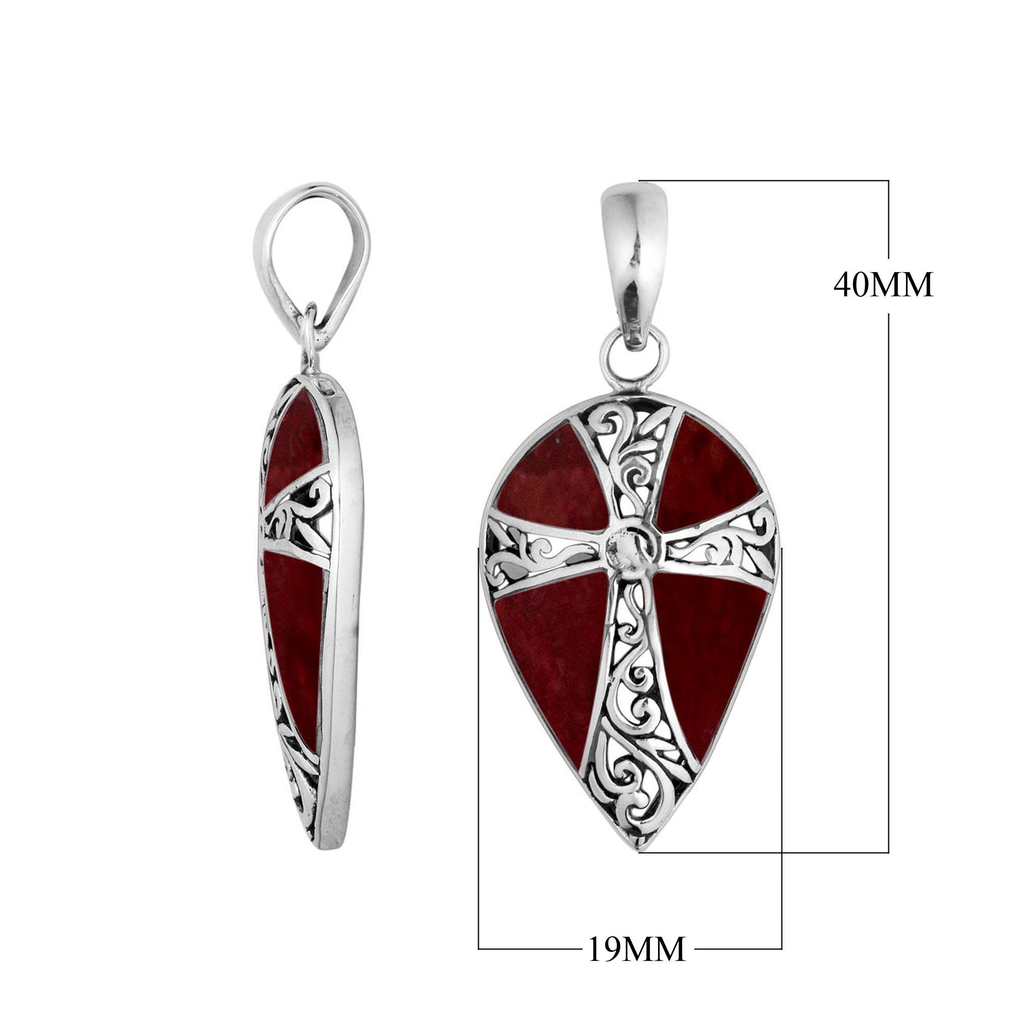 Sterling silver teardrop cross pendant with vibrant red coral inlay – handcrafted Bali jewelry, a meaningful gift