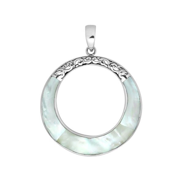 Round mother of pearl pendant in sterling silver with open circle design and ornate detailing, handcrafted artisan jewelry