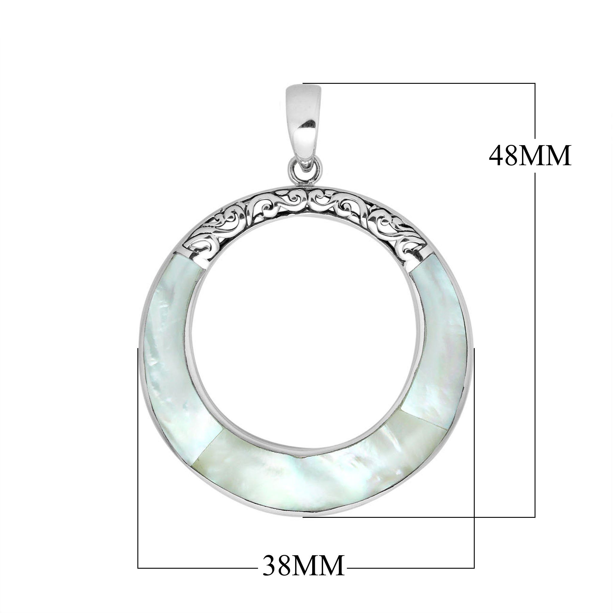 Round mother of pearl pendant in sterling silver with open circle design and ornate detailing, handcrafted artisan jewelry