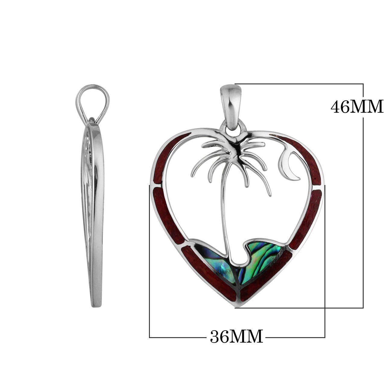Sterling silver heart pendant with palm tree and crescent moon, featuring abalone and red shell inlay, handcrafted in Bali.