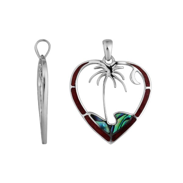 Sterling silver heart pendant with palm tree and crescent moon, featuring abalone and red shell inlay, handcrafted in Bali.