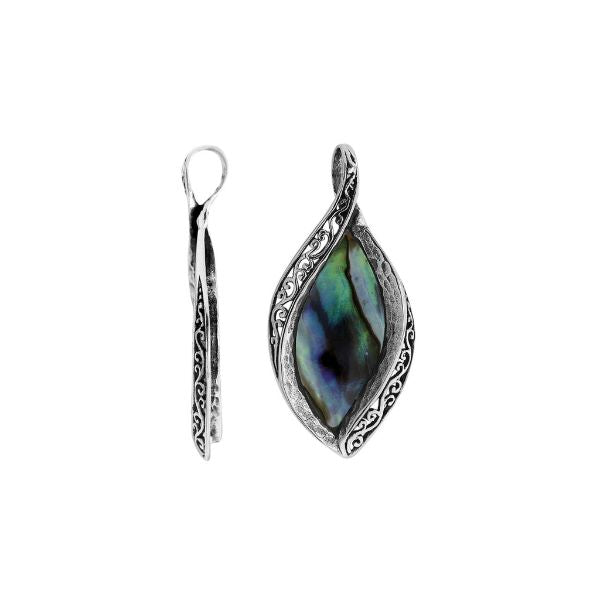 Sterling silver marquise pendant with abalone shell inlay and detailed Balinese carving, handcrafted in Bali.