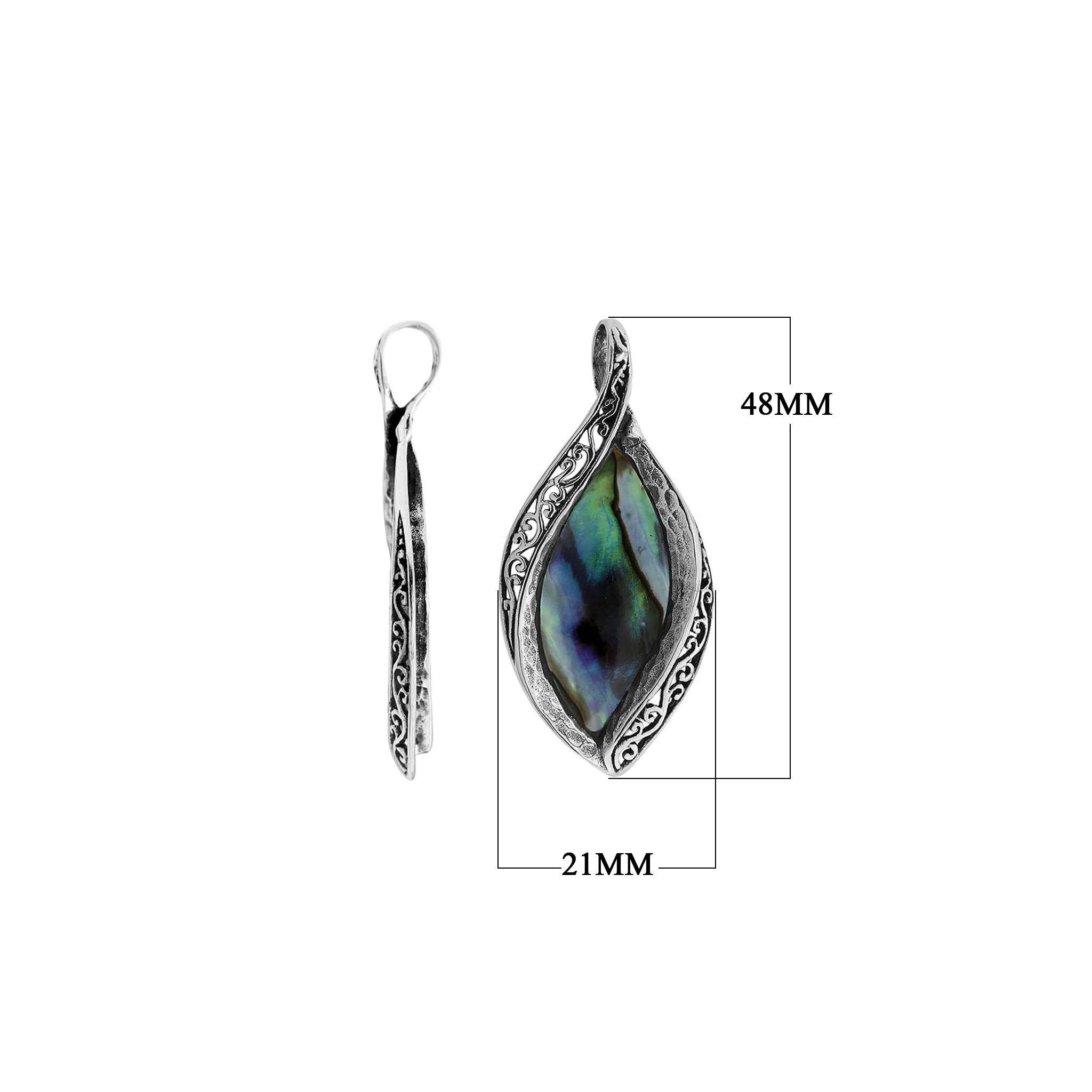 Sterling silver marquise pendant with abalone shell inlay and detailed Balinese carving, handcrafted in Bali.