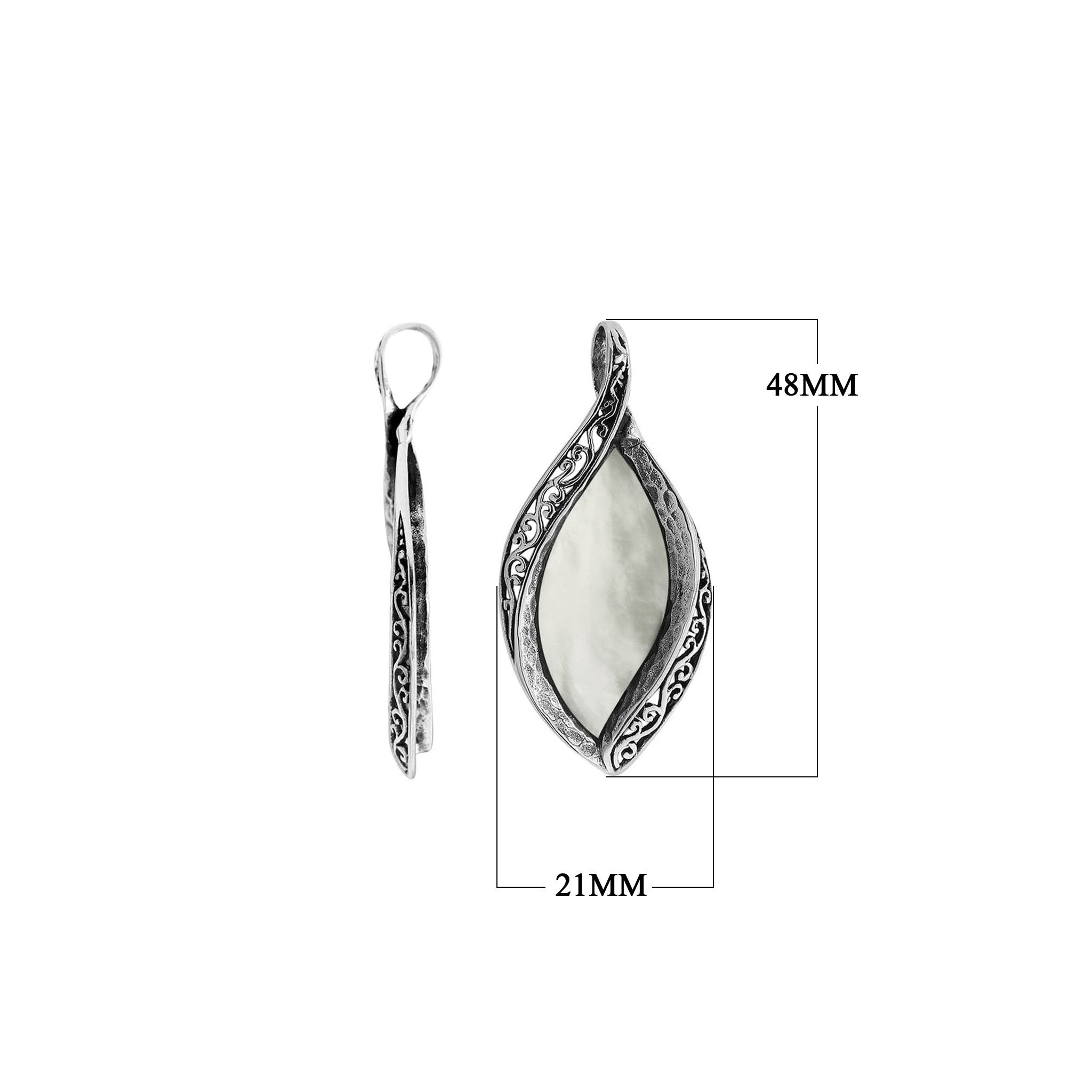 Sterling silver marquise pendant with luminous Mother of Pearl inlay and detailed Balinese carving, handcrafted in Bali.