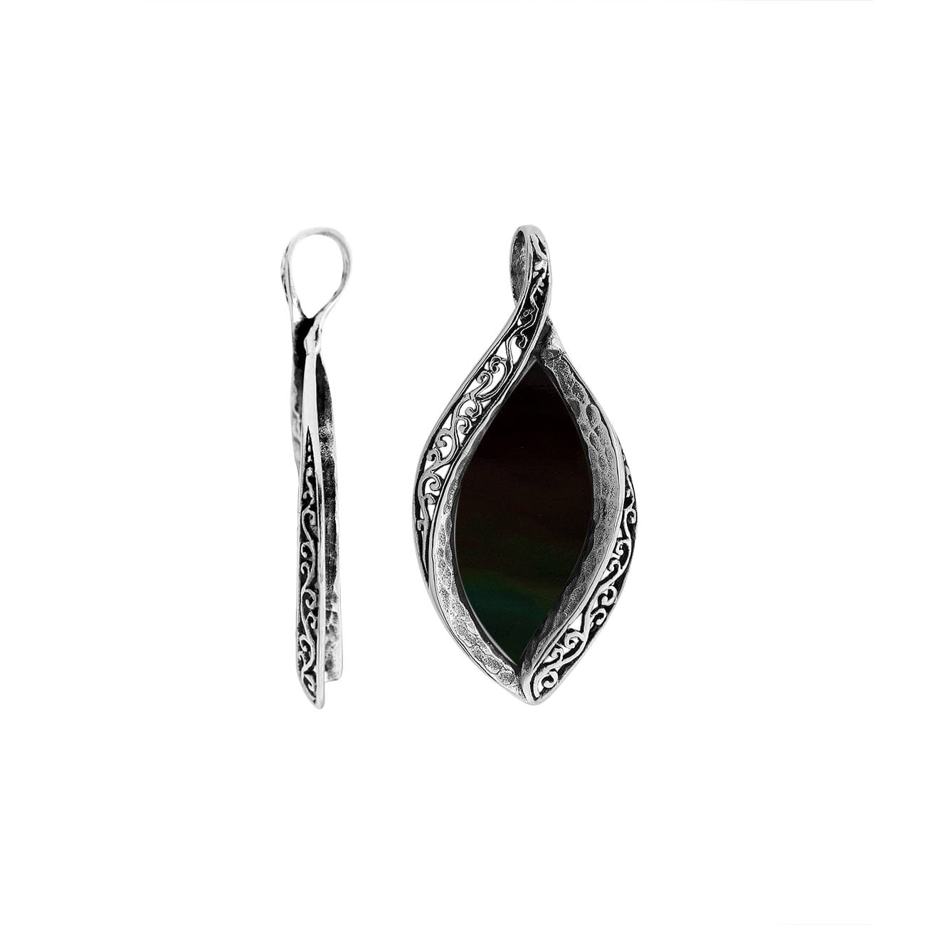 Sterling silver marquise pendant with black shell inlay and ornate Balinese carving, handcrafted in Bali.