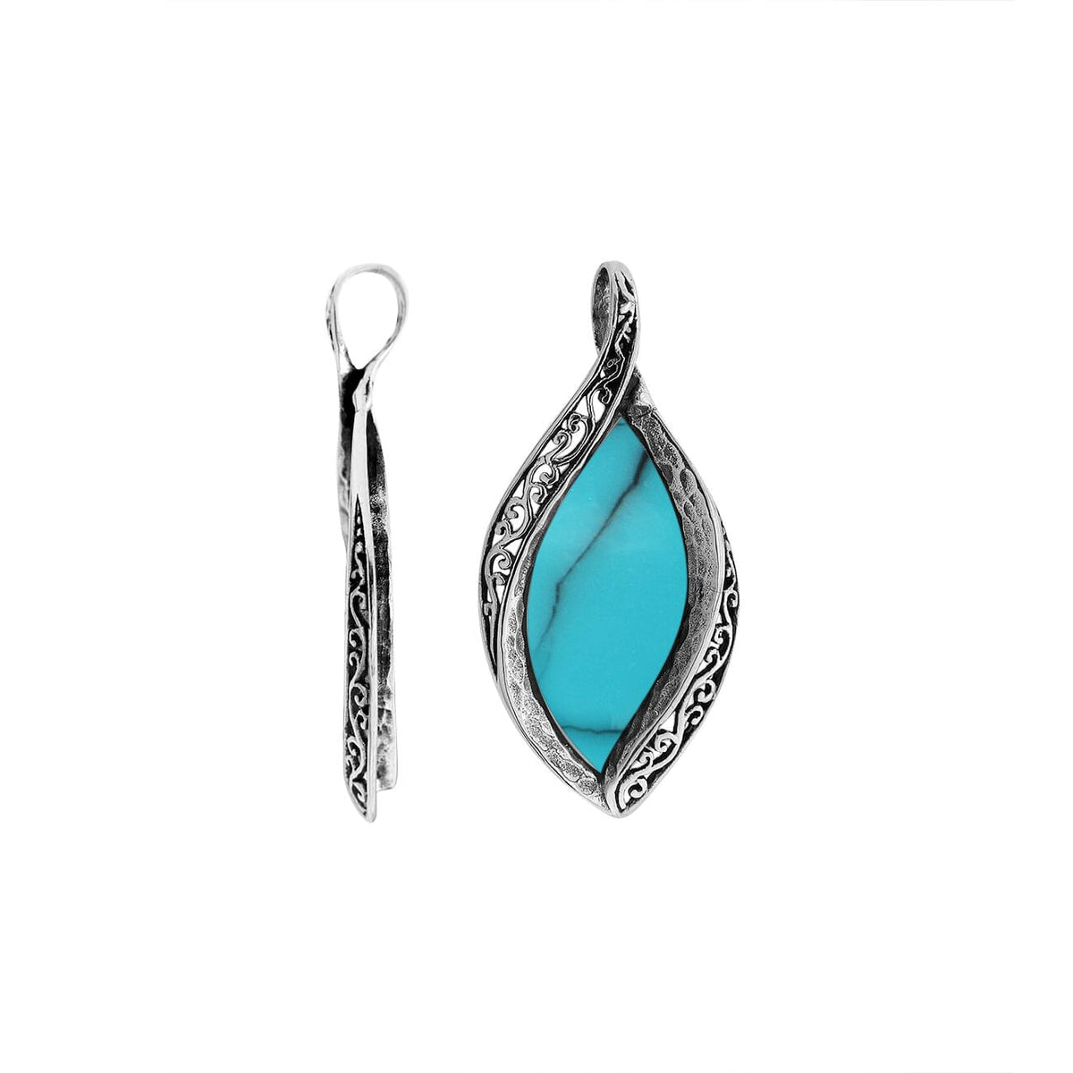 Sterling silver marquise pendant with vibrant turquoise inlay and ornate Balinese carving, handcrafted in Bali.
