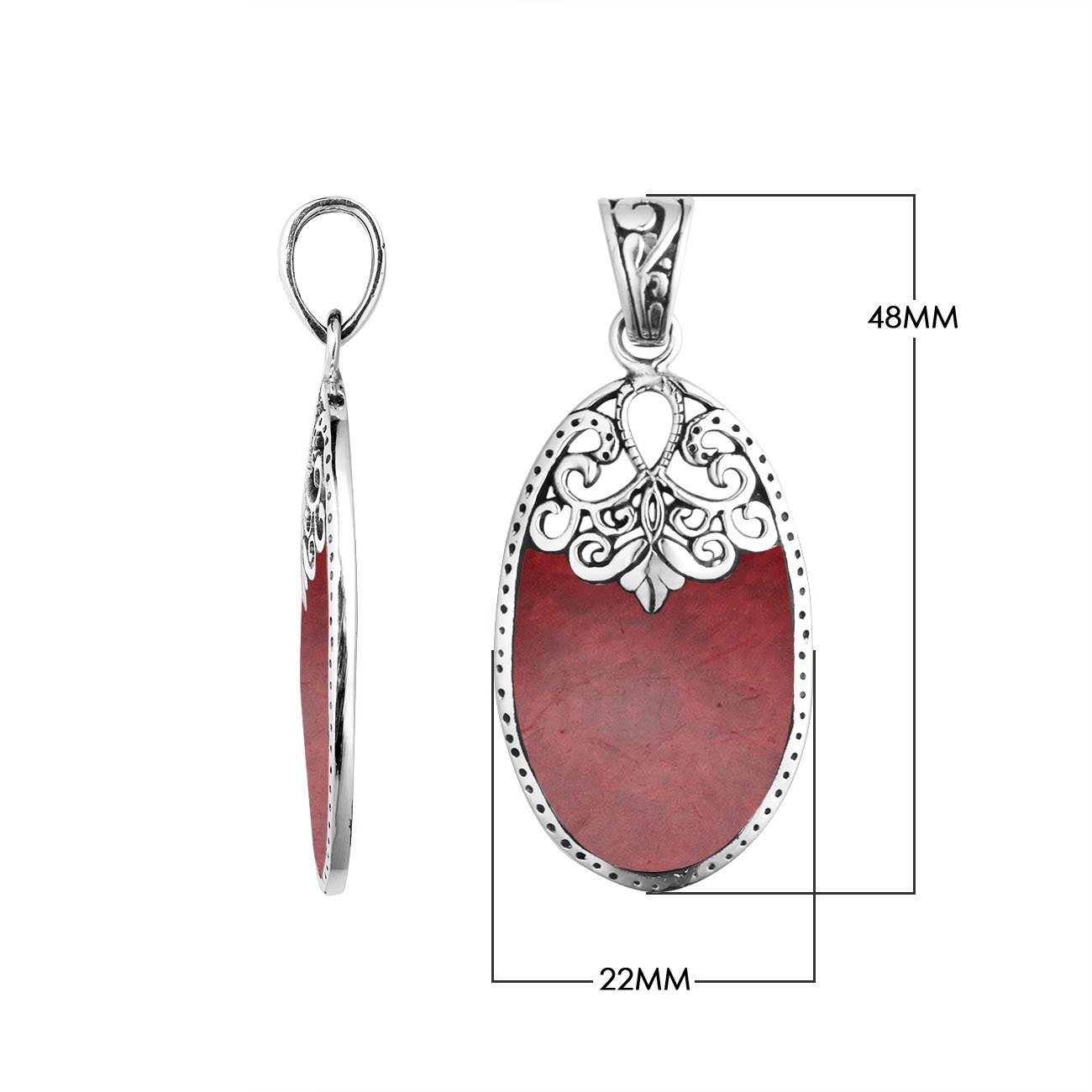 Sterling silver oval pendant with vibrant red coral inlay and delicate Balinese filigree design, handcrafted in Bali.