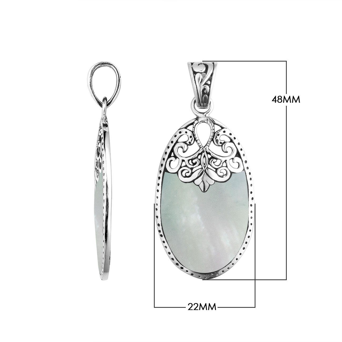 Sterling silver oval pendant with luminous Mother of Pearl inlay and delicate Balinese filigree design, handcrafted in Bali.