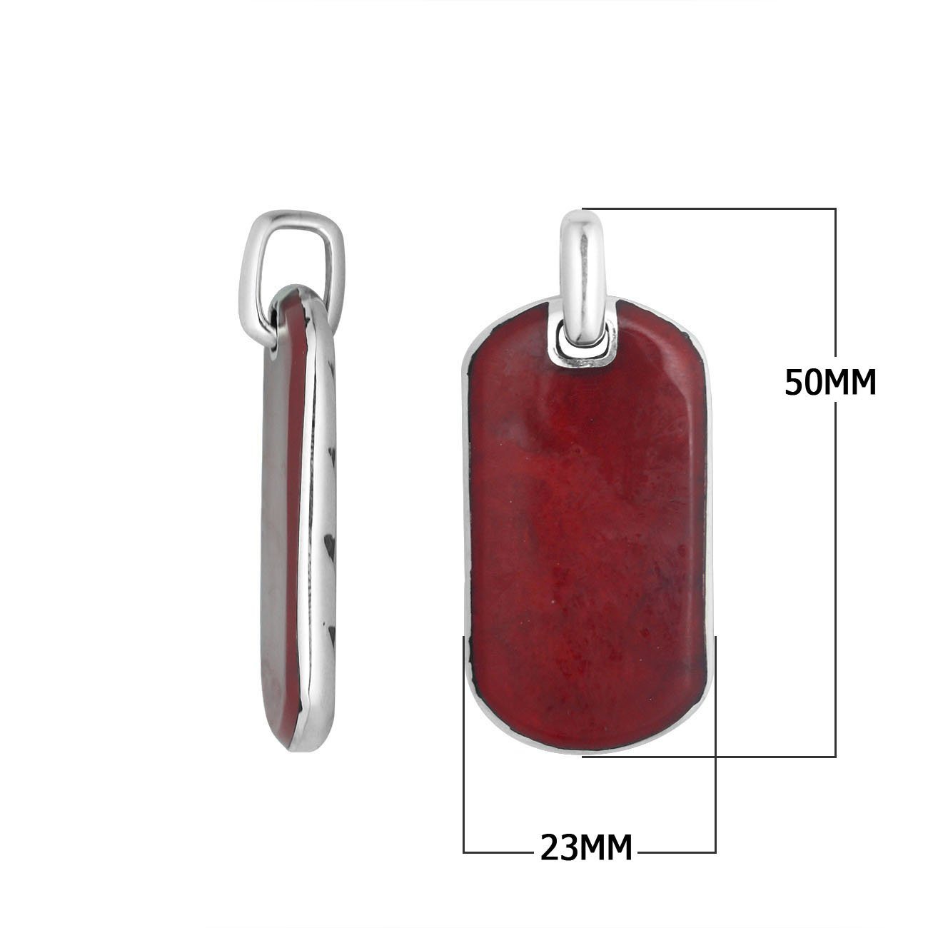 Sterling silver dog tag pendant with bold red coral inlay and reversible chevron silver design, handcrafted in Bali.