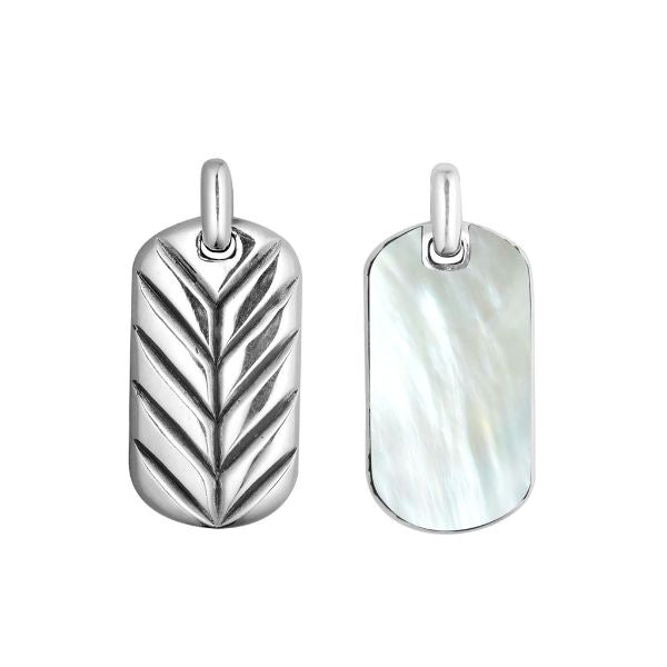 Sterling silver rectangular pendant with shimmering mother of pearl inlay and chevron design, handcrafted Bali artisan jewelry for modern everyday style.