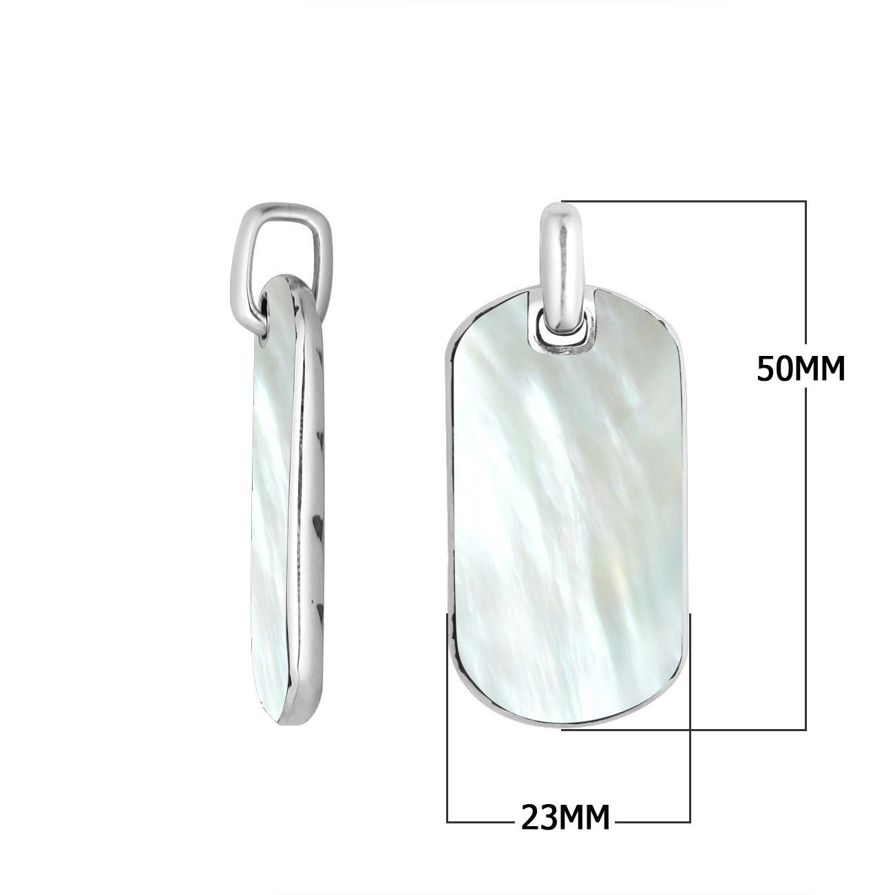 Sterling silver rectangular pendant with shimmering mother of pearl inlay and chevron design, handcrafted Bali artisan jewelry for modern everyday style.