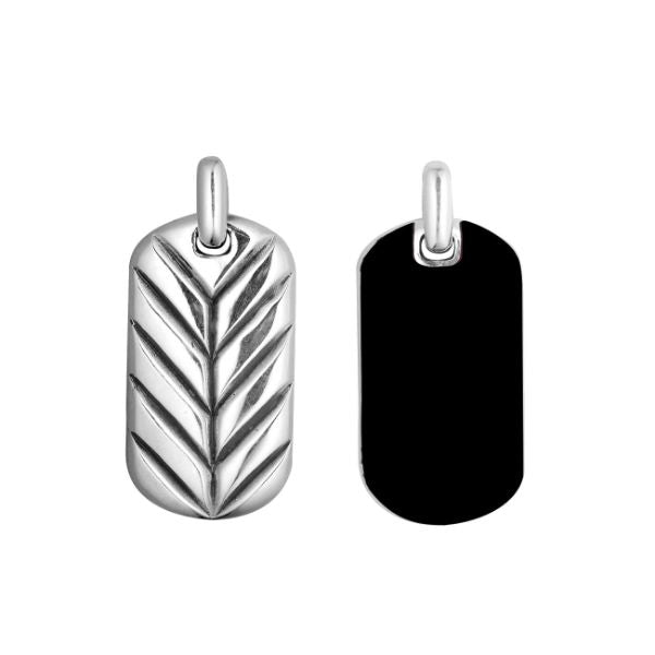 Sterling silver rectangular pendant with glossy black onyx inlay and chevron detailing, handcrafted Bali artisan jewelry necklace for modern everyday style.