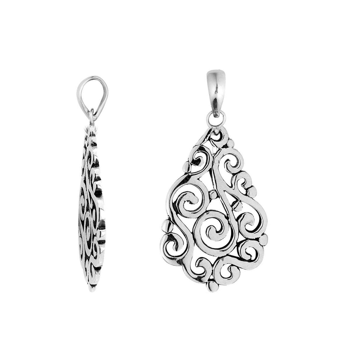 Sterling silver teardrop pendant with elegant swirl filigree design, handcrafted Bali artisan jewelry for everyday and special occasion wear.
