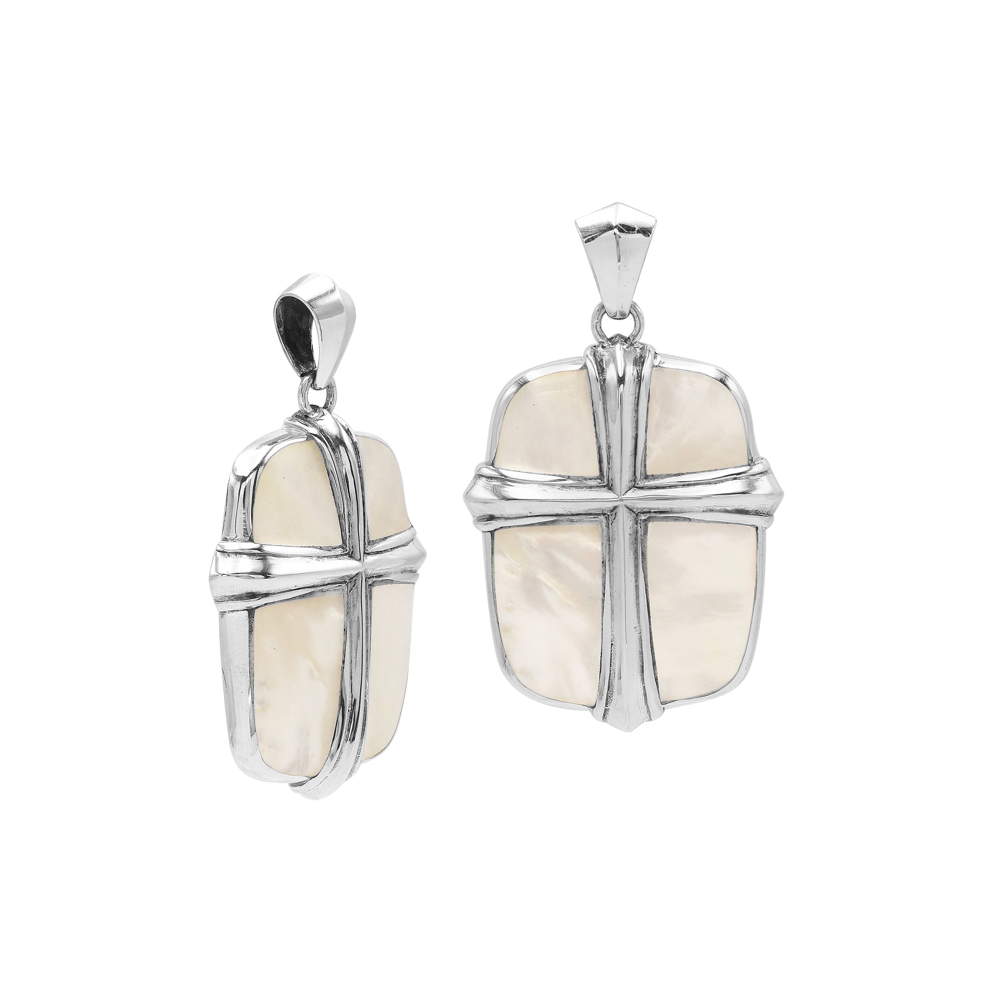 Sterling silver pendant with cross overlay and shimmering mother of pearl inlay, handcrafted Bali artisan jewelry for elegant everyday wear.