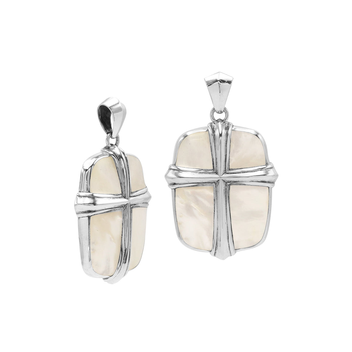 Sterling silver pendant with cross overlay and shimmering mother of pearl inlay, handcrafted Bali artisan jewelry for elegant everyday wear.