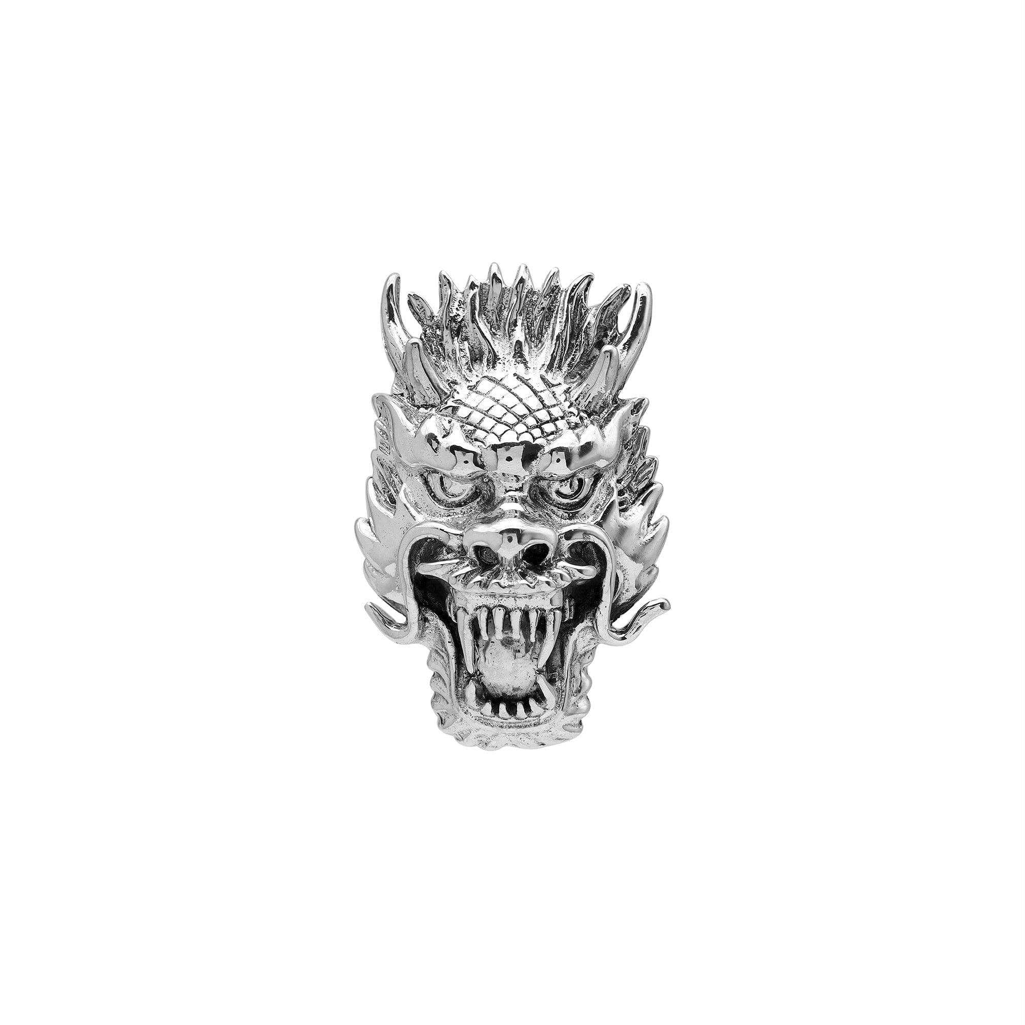 Sterling silver dragon head pendant with detailed carving and oxidized finish, handcrafted Bali artisan jewelry for bold everyday style.