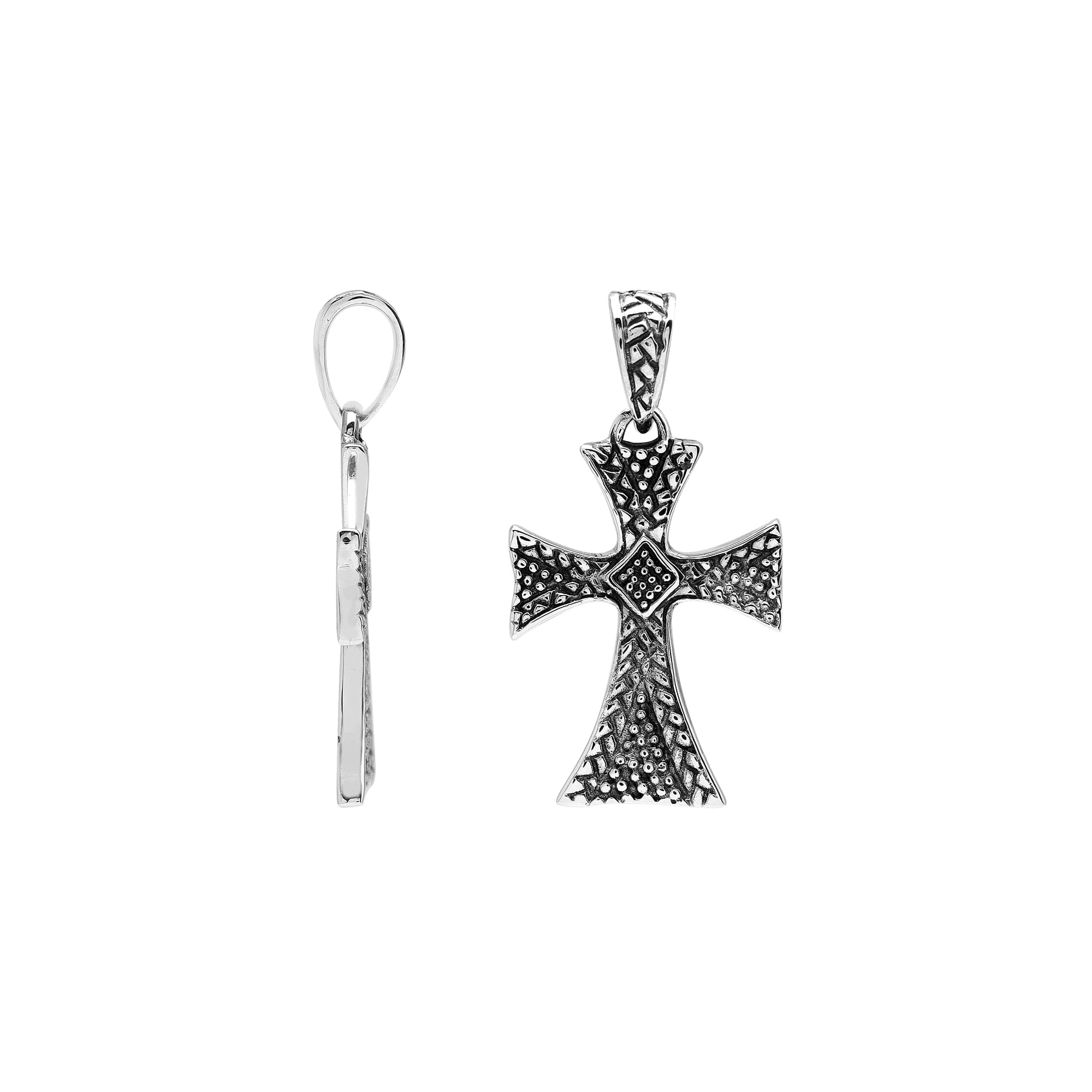 Sterling silver cross pendant with intricate textured detailing and oxidized accents, handcrafted Bali artisan jewelry for spiritual everyday wear.