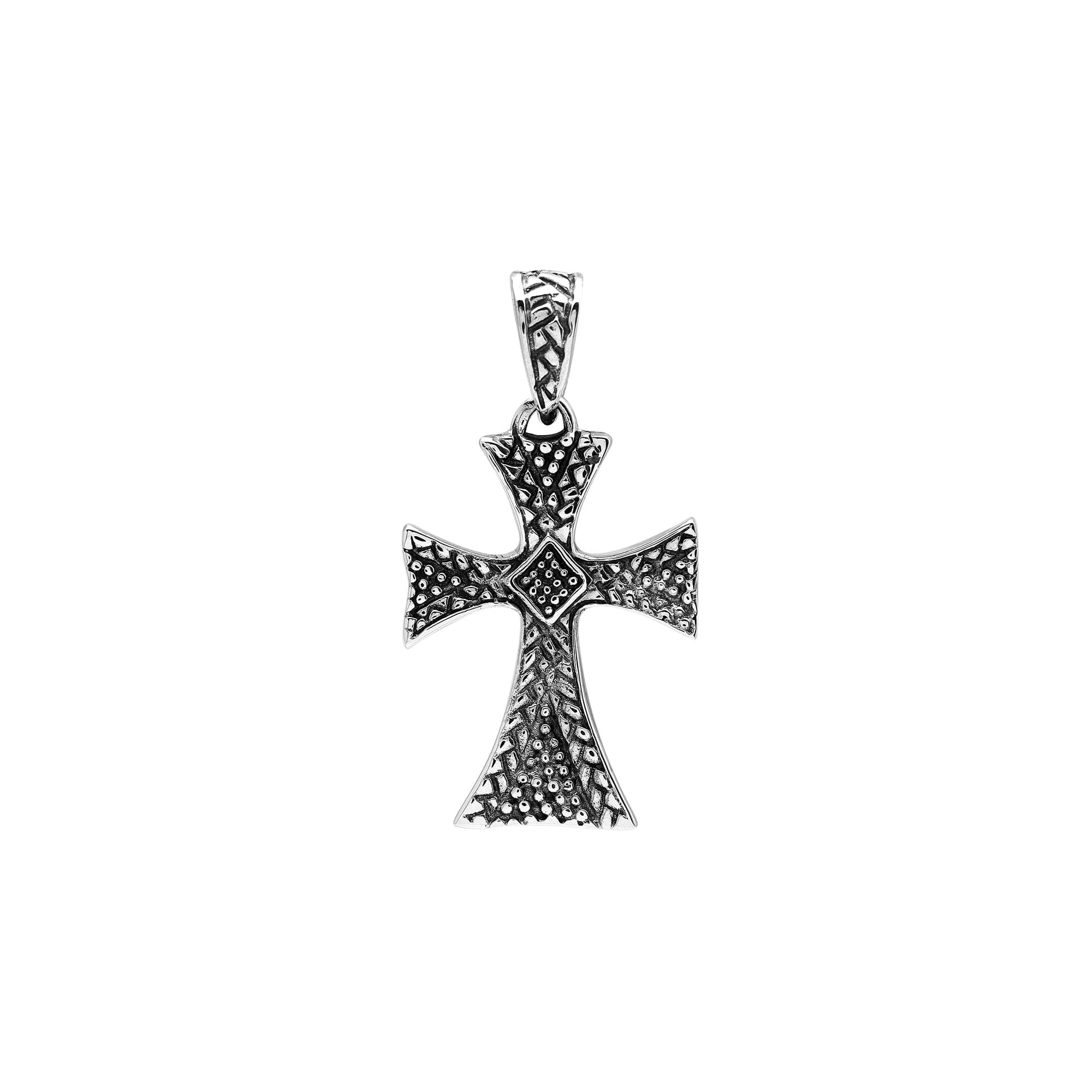 Sterling silver cross pendant with intricate textured detailing and oxidized accents, handcrafted Bali artisan jewelry for spiritual everyday wear.