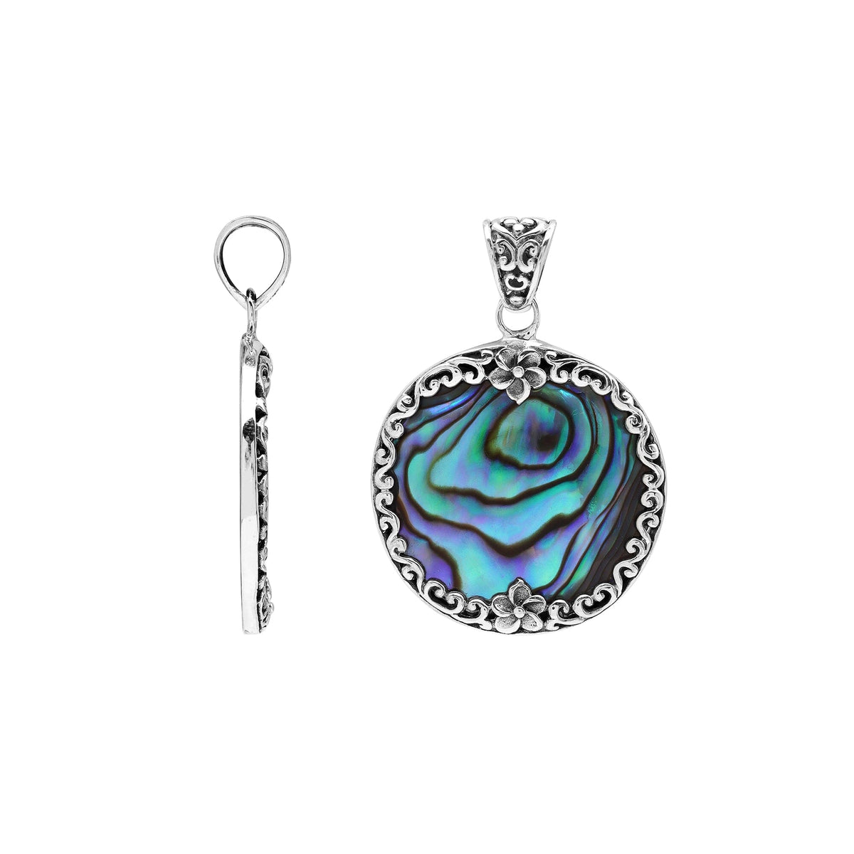 Sterling silver round pendant with shimmering abalone shell and floral detailing, handcrafted Bali artisan jewelry for elegant everyday wear.