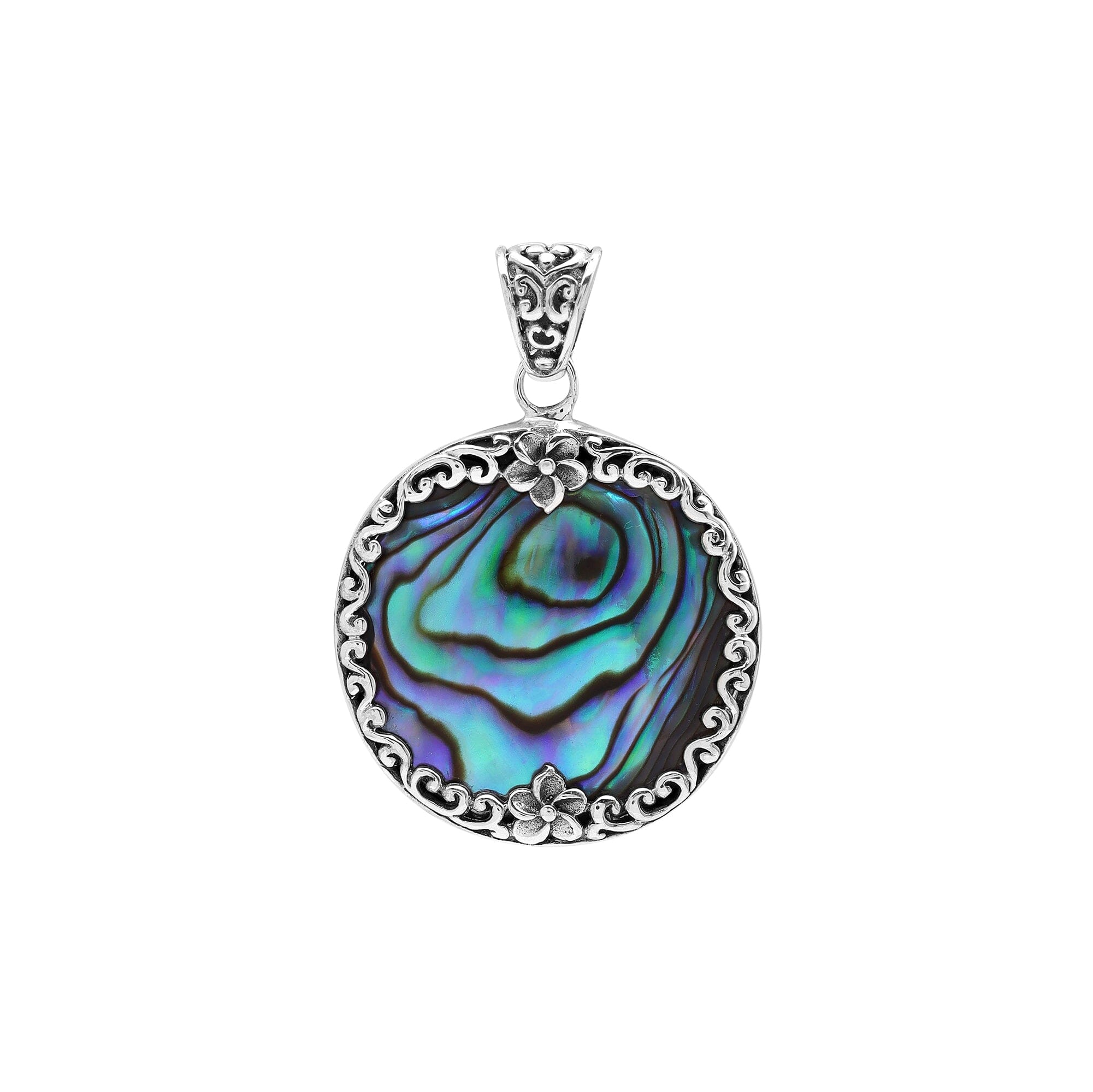 Sterling silver round pendant with shimmering abalone shell and floral detailing, handcrafted Bali artisan jewelry for elegant everyday wear.