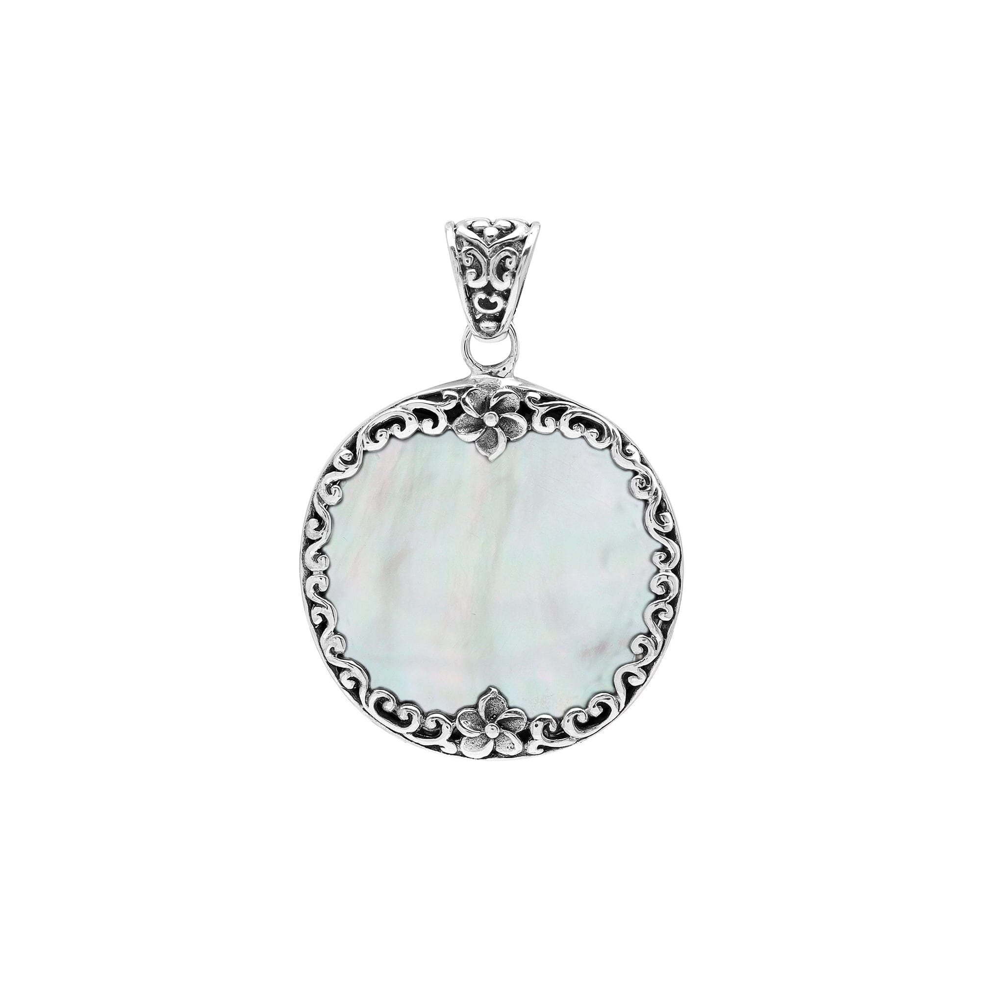 Sterling silver round pendant with luminous mother of pearl and floral Bali frame, handcrafted artisan jewelry for elegant everyday wear.