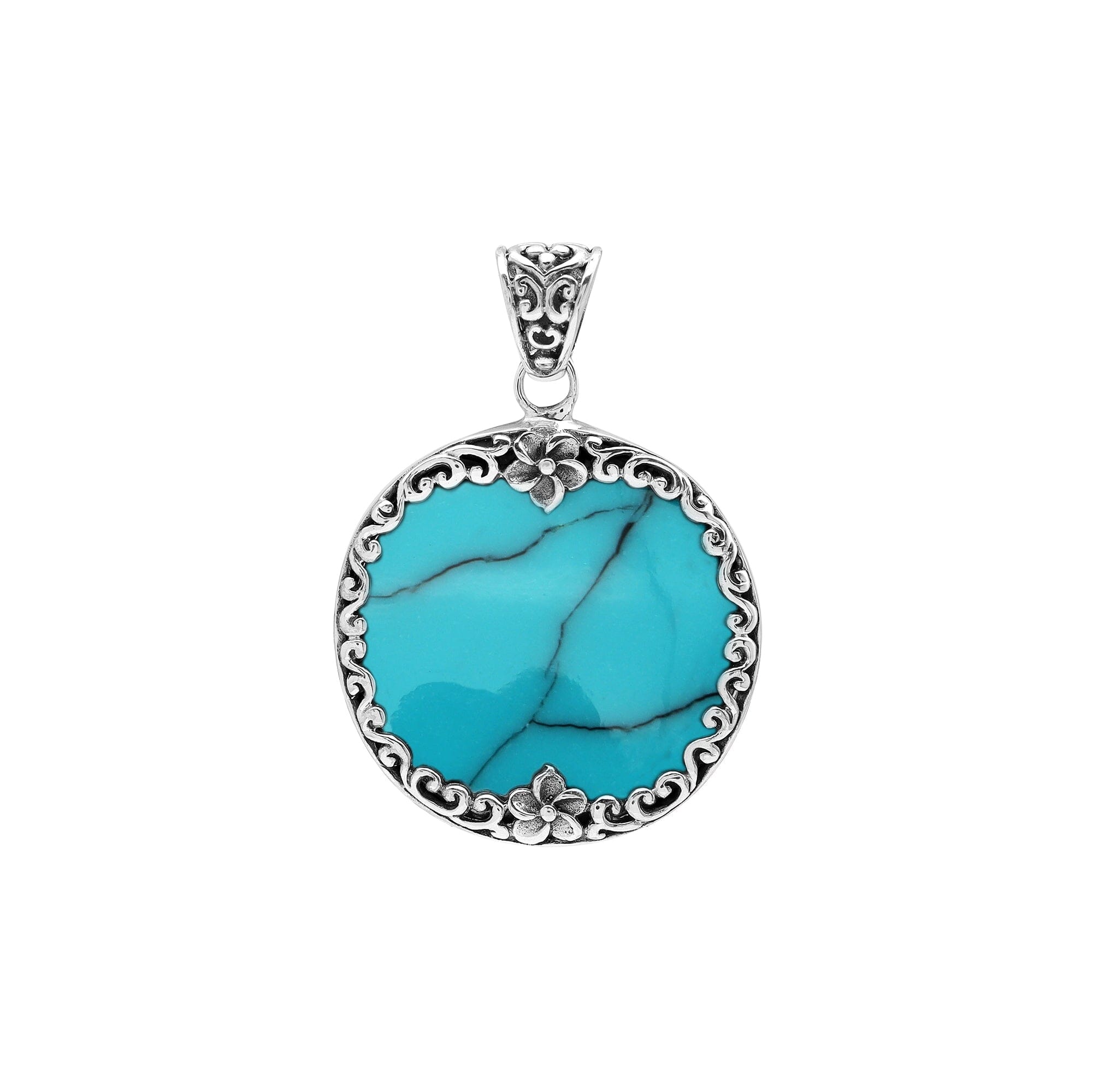 Handmade round turquoise pendant in sterling silver with floral Balinese detailing, elegant artisan jewelry for women.