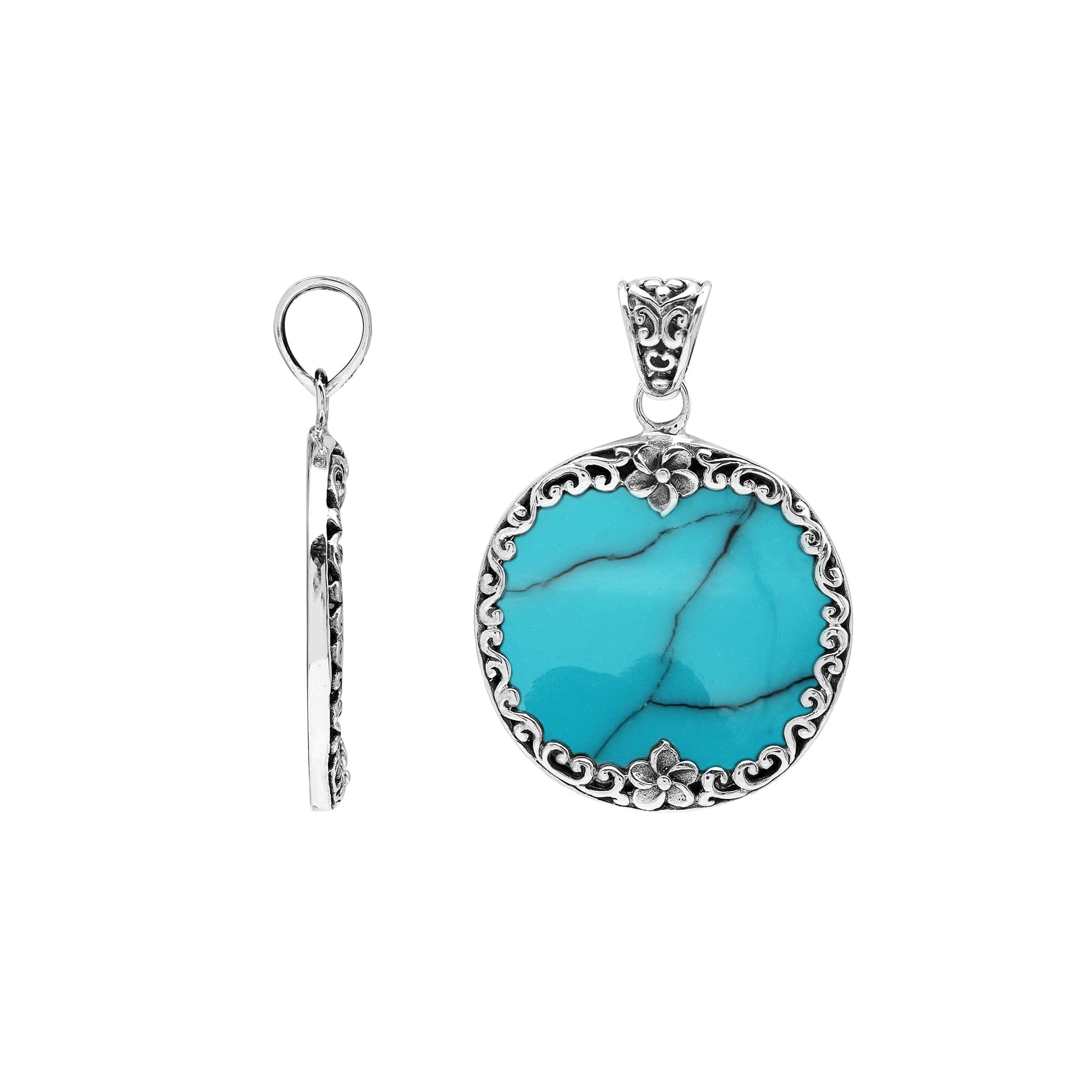 Handmade round turquoise pendant in sterling silver with floral Balinese detailing, elegant artisan jewelry for women.