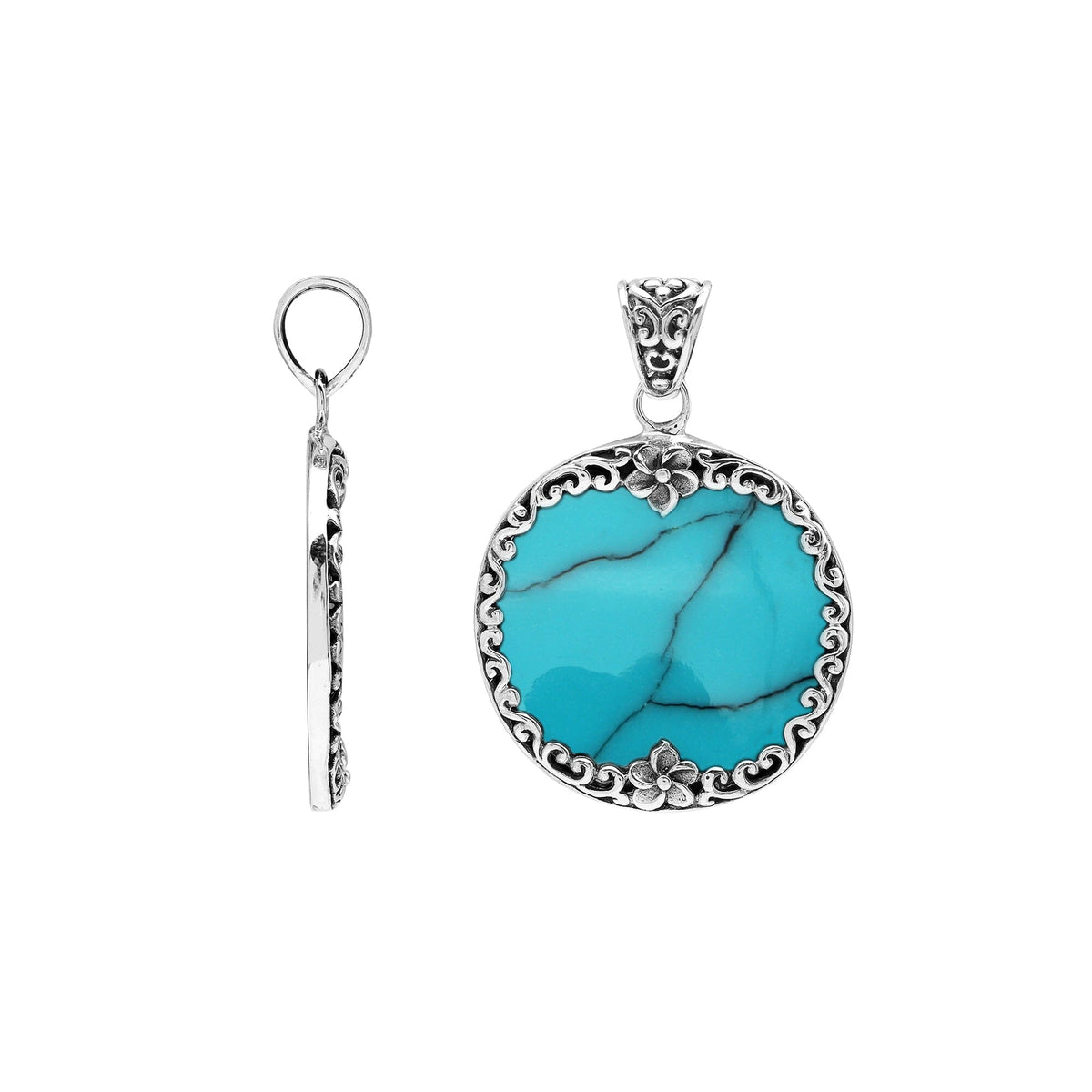 Handmade round turquoise pendant in sterling silver with floral Balinese detailing, elegant artisan jewelry for women.
