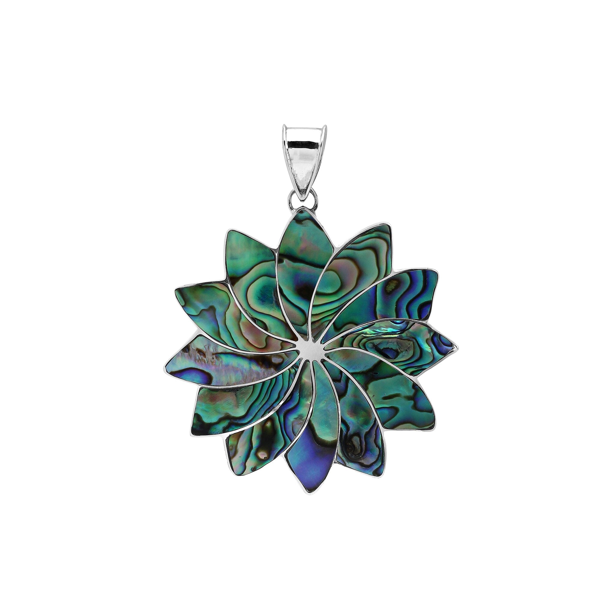 Handmade sterling silver flower pendant with vibrant Abalone Shell petals, artisan Bali jewelry for women.