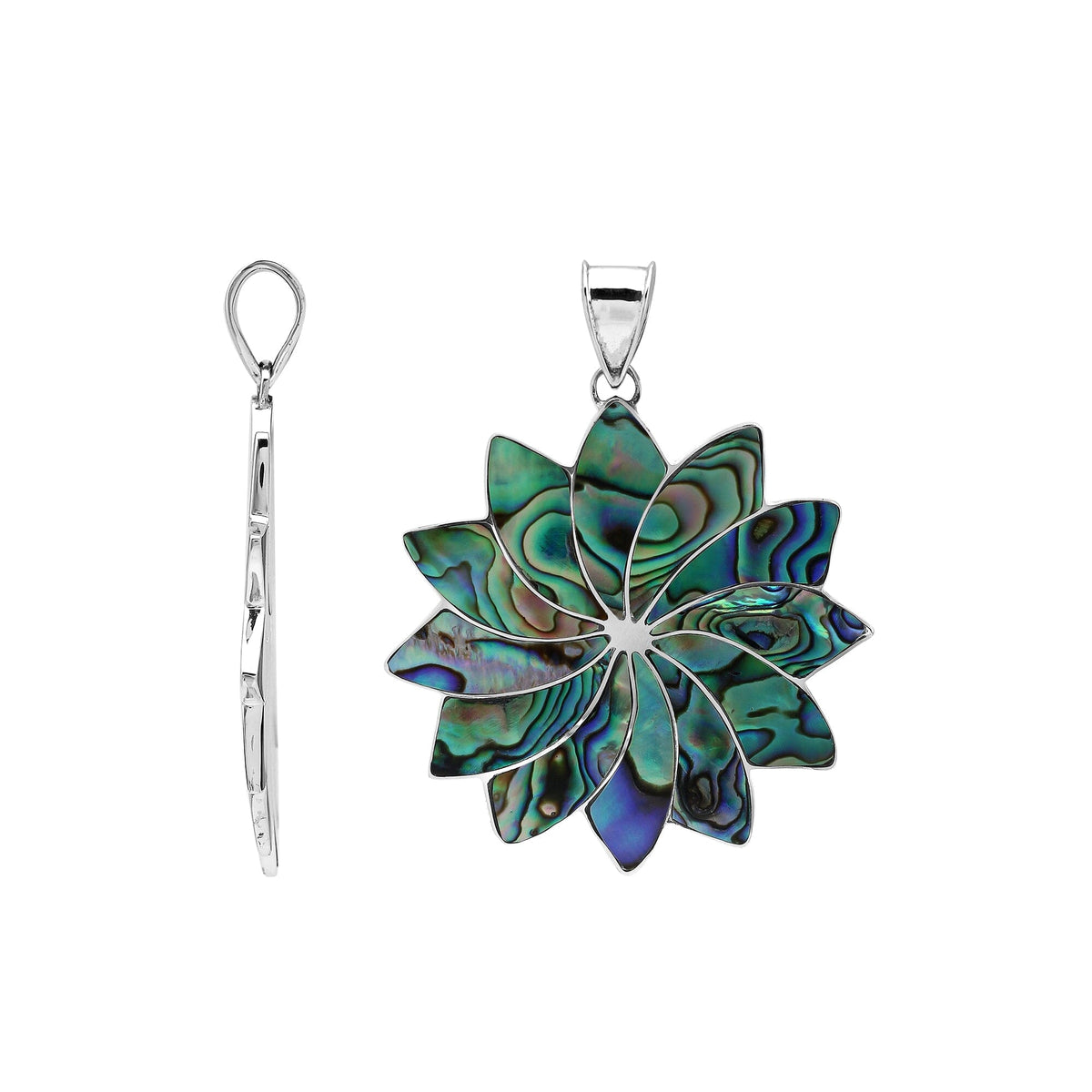 Handmade sterling silver flower pendant with vibrant Abalone Shell petals, artisan Bali jewelry for women.