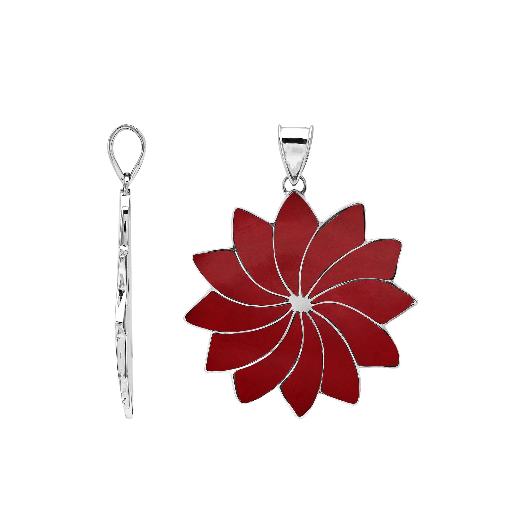 Handmade sterling silver flower pendant with vibrant red coral petals, artisan Bali jewelry for women.