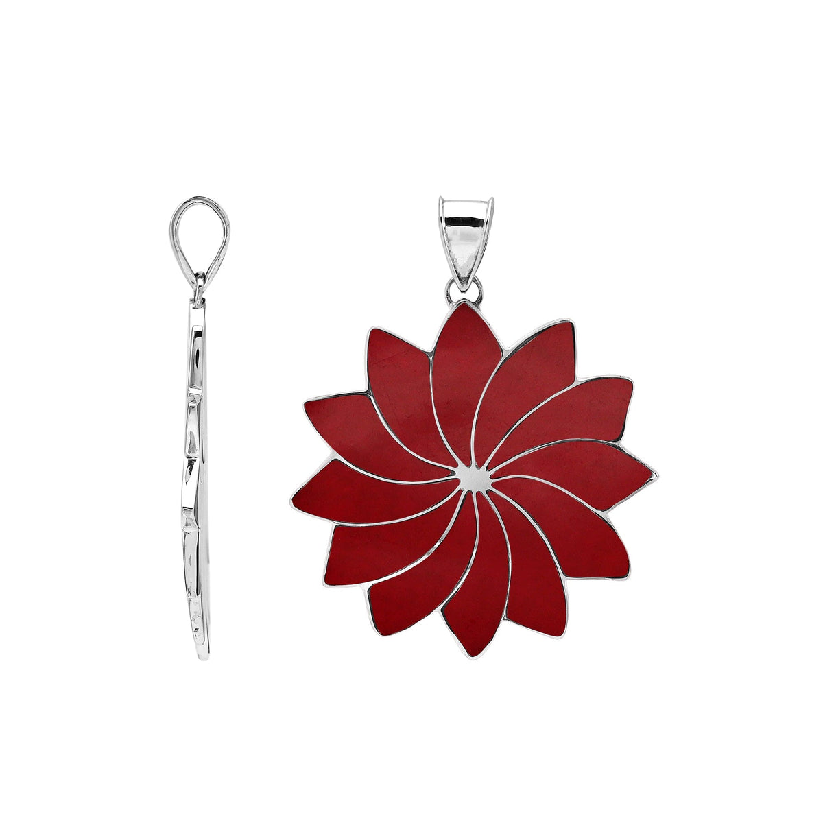 Handmade sterling silver flower pendant with vibrant red coral petals, artisan Bali jewelry for women.