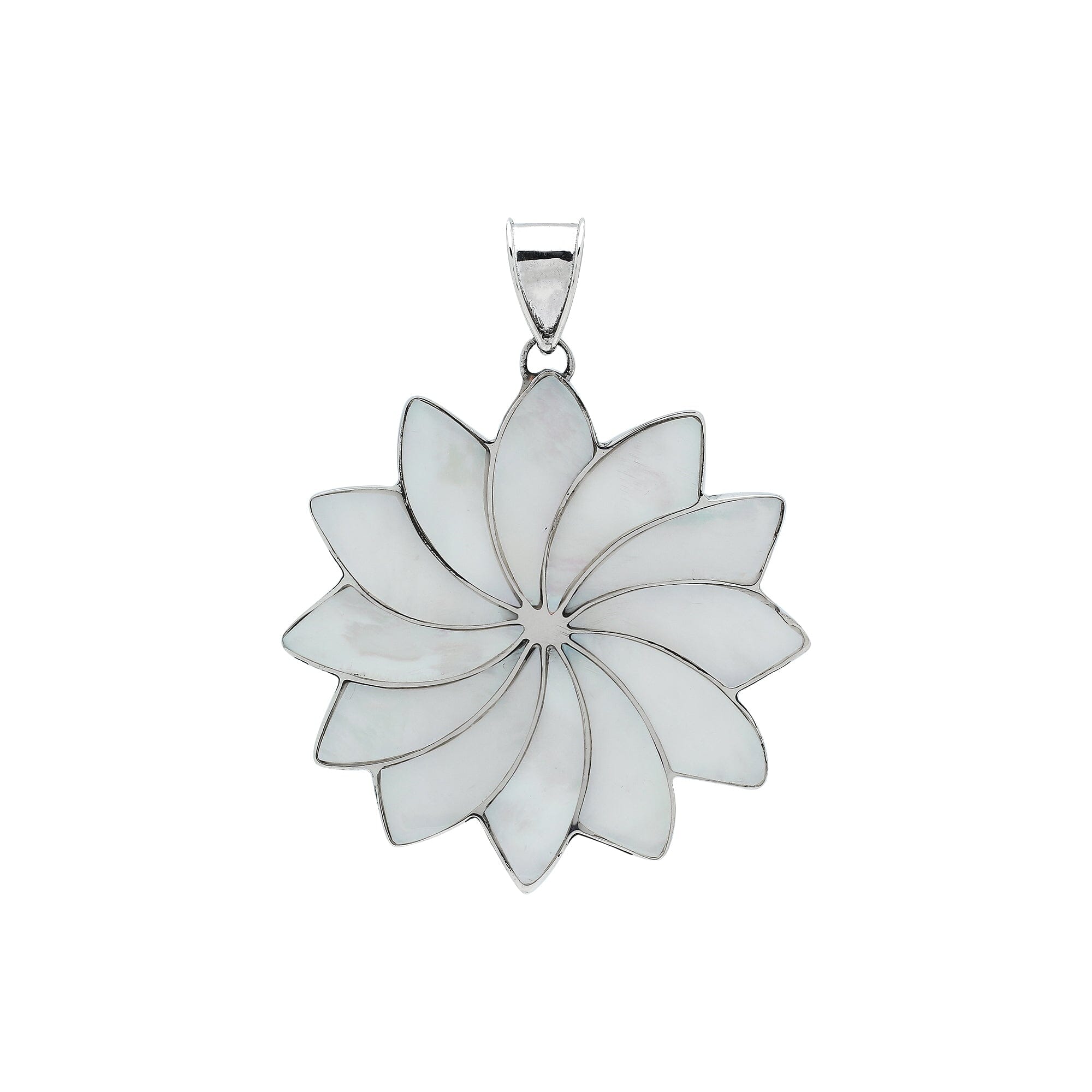 Handmade sterling silver flower pendant with luminous Mother of Pearl petals, elegant artisan Bali jewelry for women.