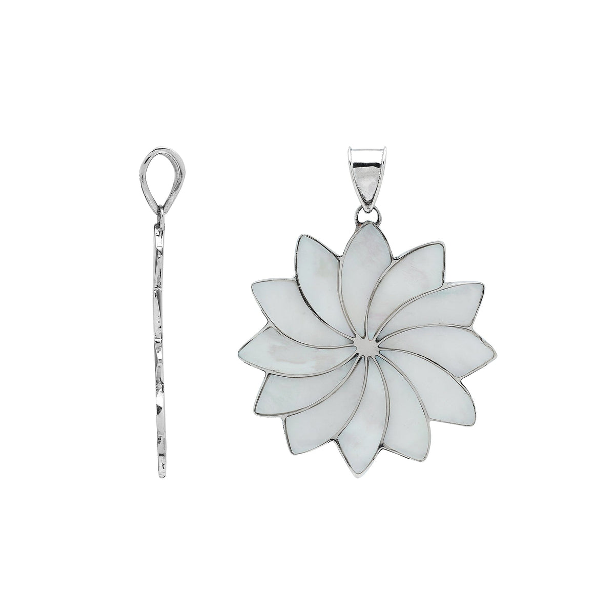 Handmade sterling silver flower pendant with luminous Mother of Pearl petals, elegant artisan Bali jewelry for women.