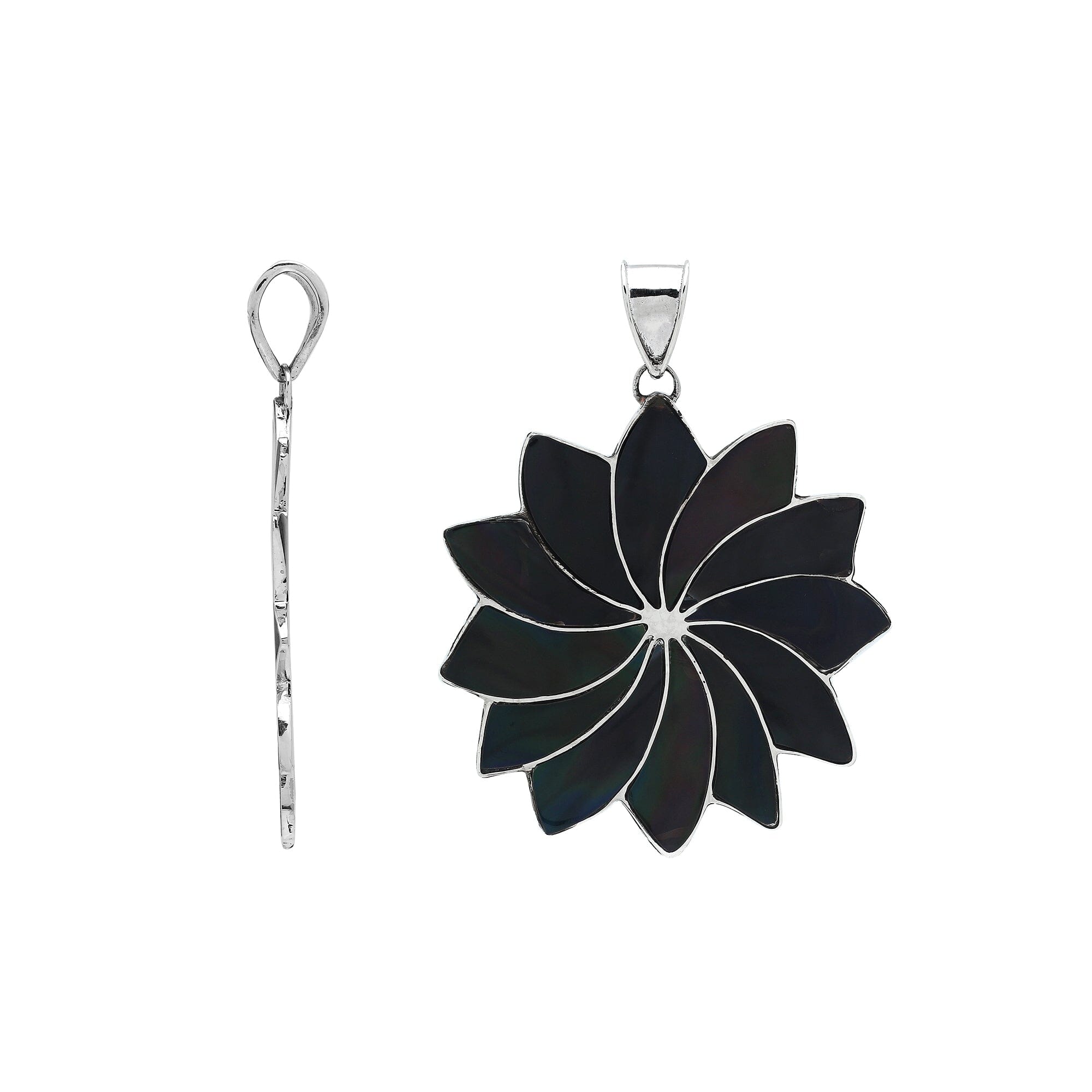 Handmade sterling silver flower pendant with shimmering black shell petals, elegant artisan Bali jewelry for women.