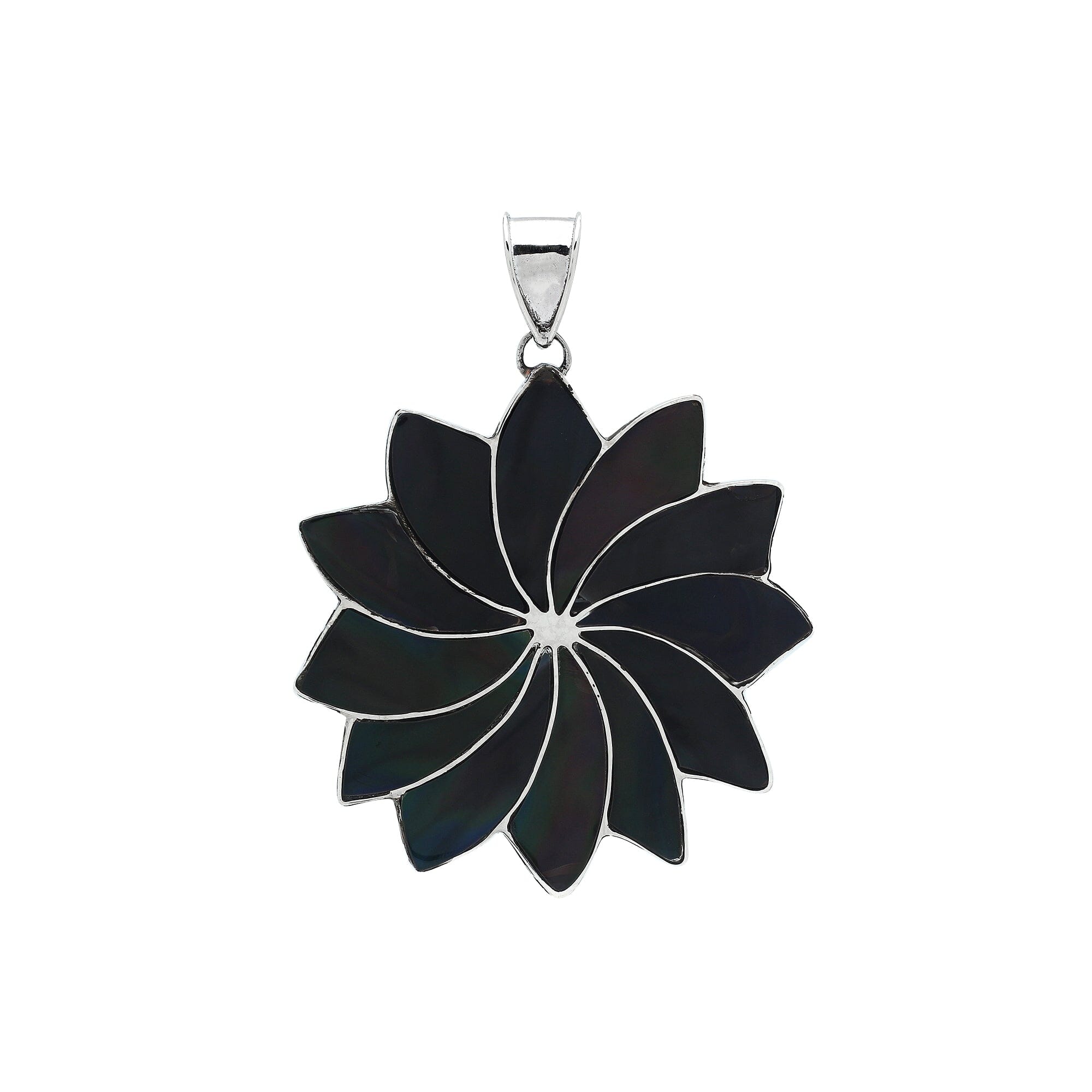 Handmade sterling silver flower pendant with shimmering black shell petals, elegant artisan Bali jewelry for women.
