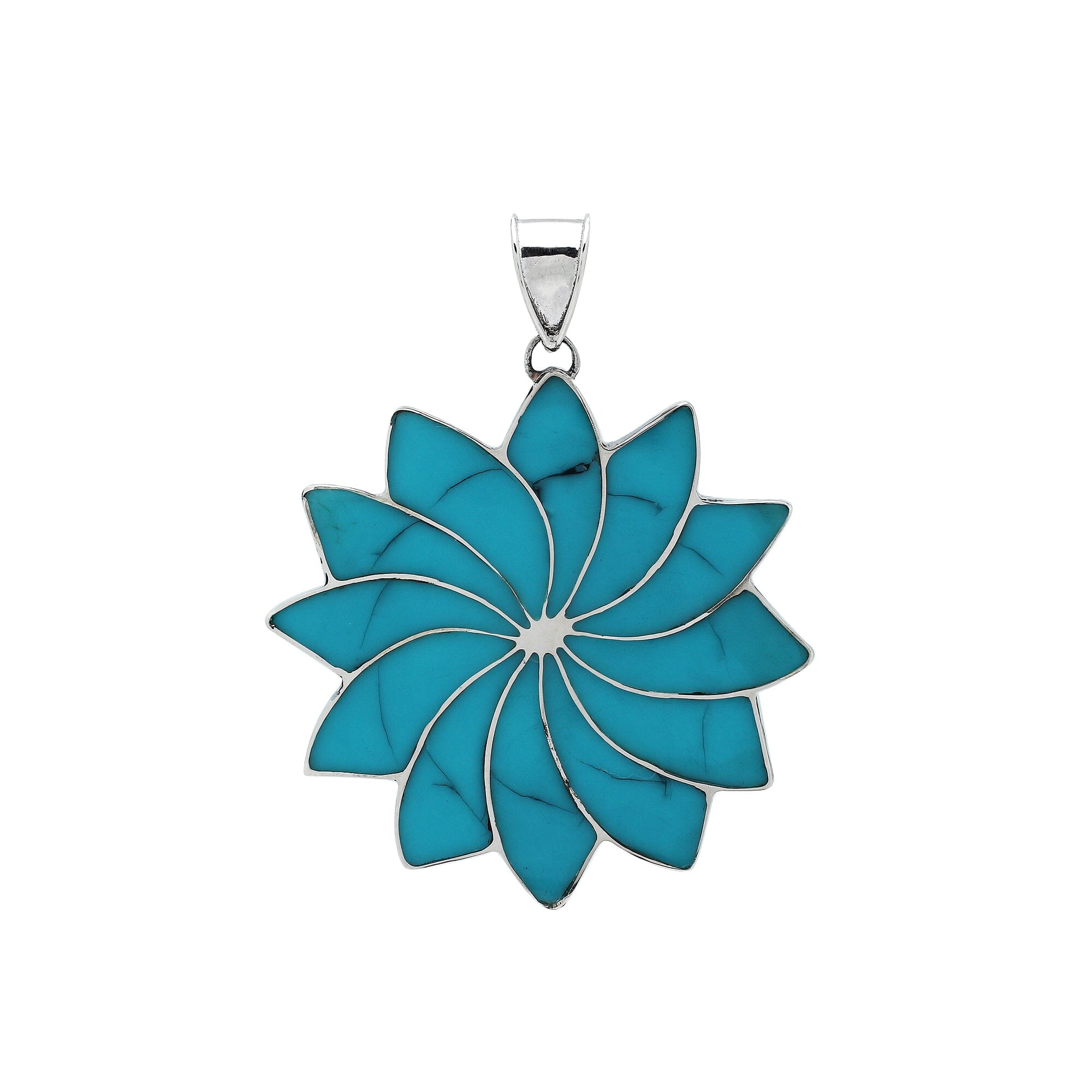 Handmade sterling silver flower pendant with vibrant turquoise petals, elegant artisan Bali jewelry for women.