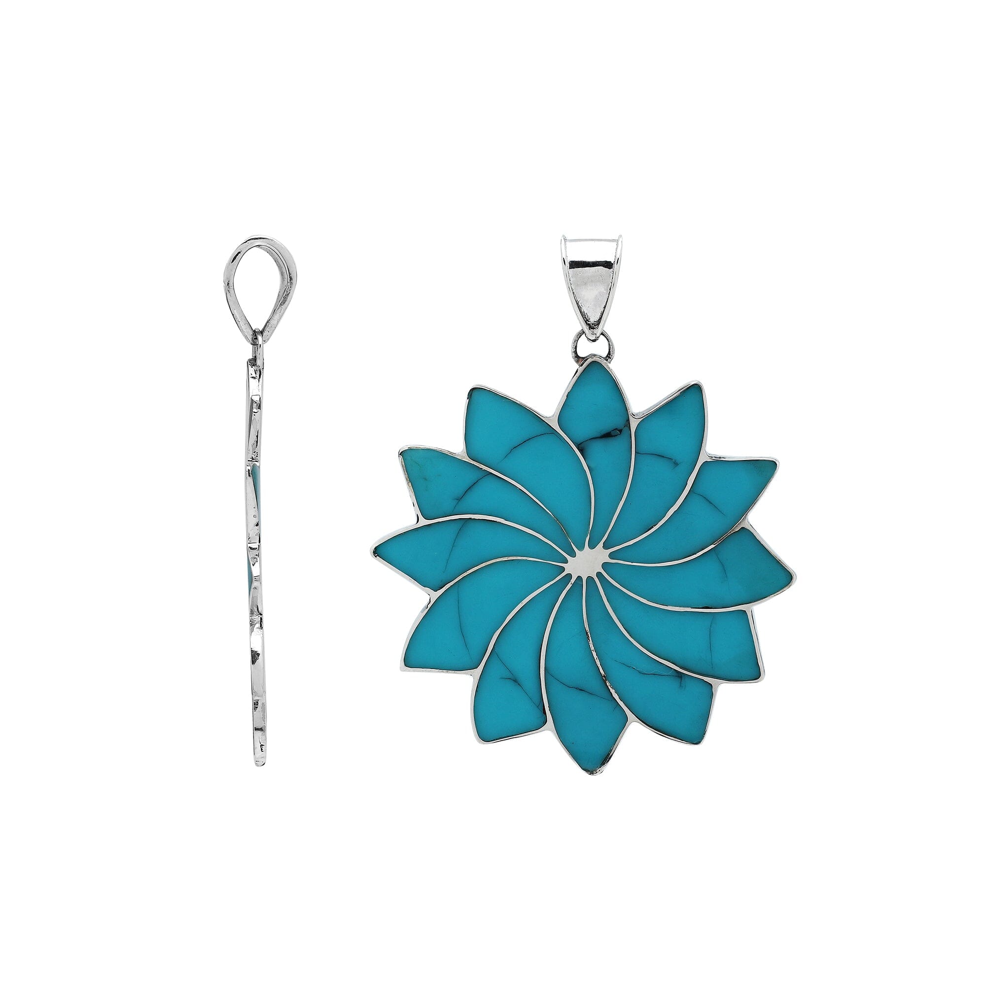 Handmade sterling silver flower pendant with vibrant turquoise petals, elegant artisan Bali jewelry for women.