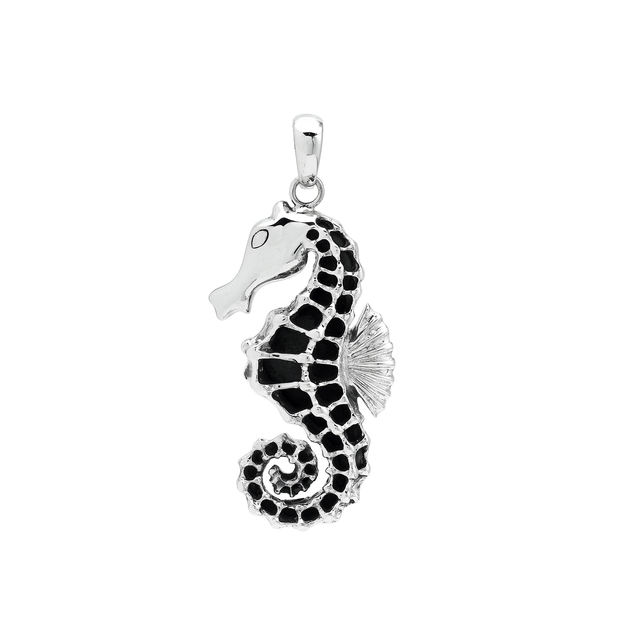 Sterling silver ocean-inspired seahorse pendant with black enamel inlay – handcrafted Bali jewelry