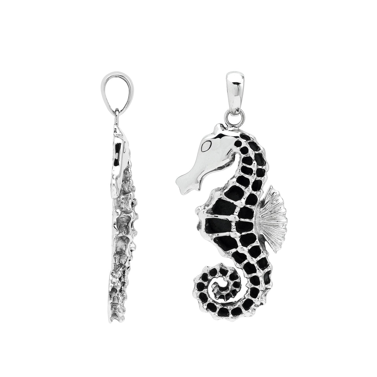 Sterling silver ocean-inspired seahorse pendant with black enamel inlay – handcrafted Bali jewelry