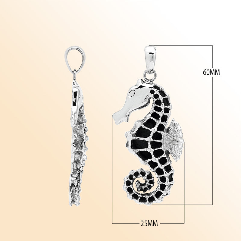Sterling silver ocean-inspired seahorse pendant with black enamel inlay – handcrafted Bali jewelry