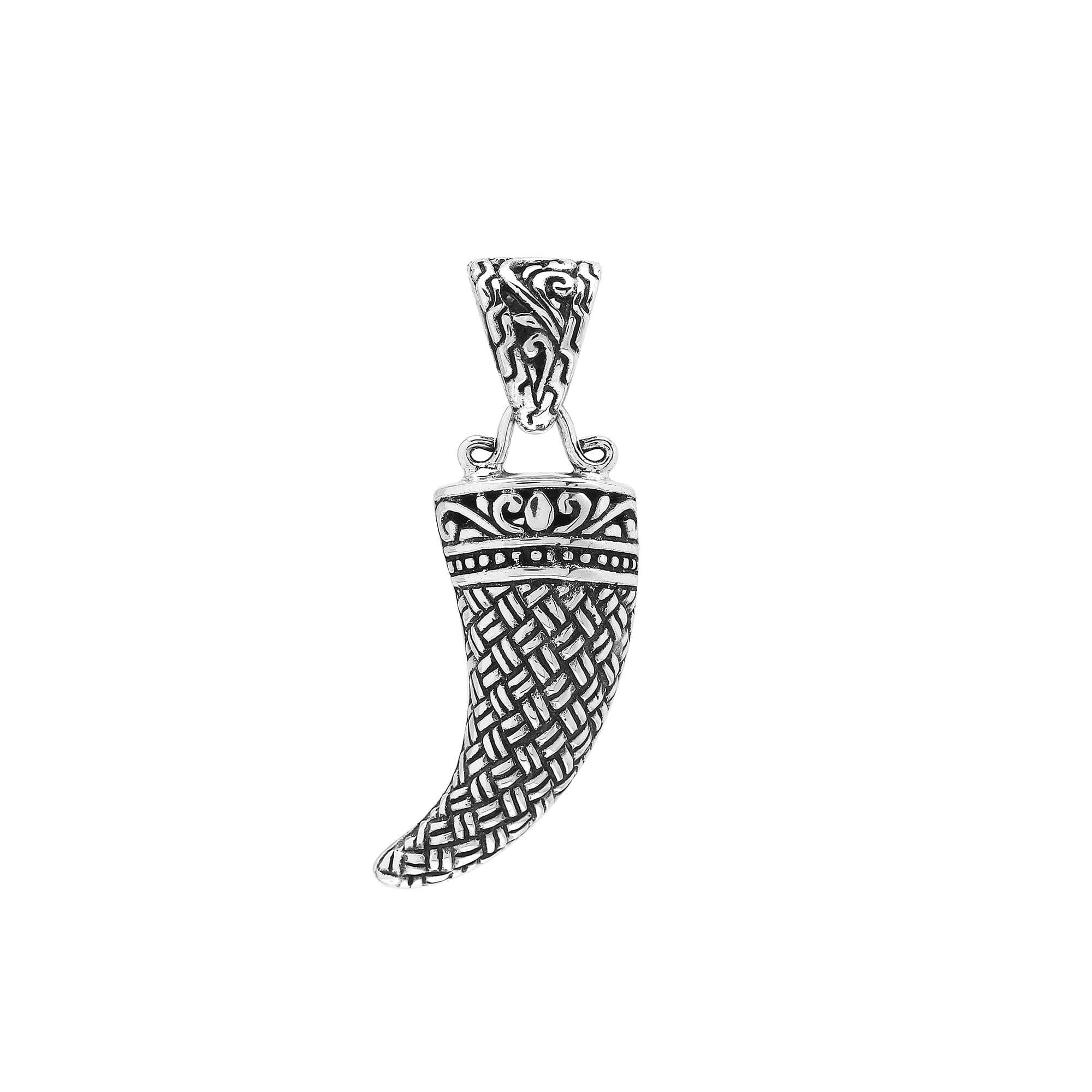 Handmade sterling silver tribal tooth pendant with detailed Balinese engravings, bold artisan men’s jewelry from Bali.